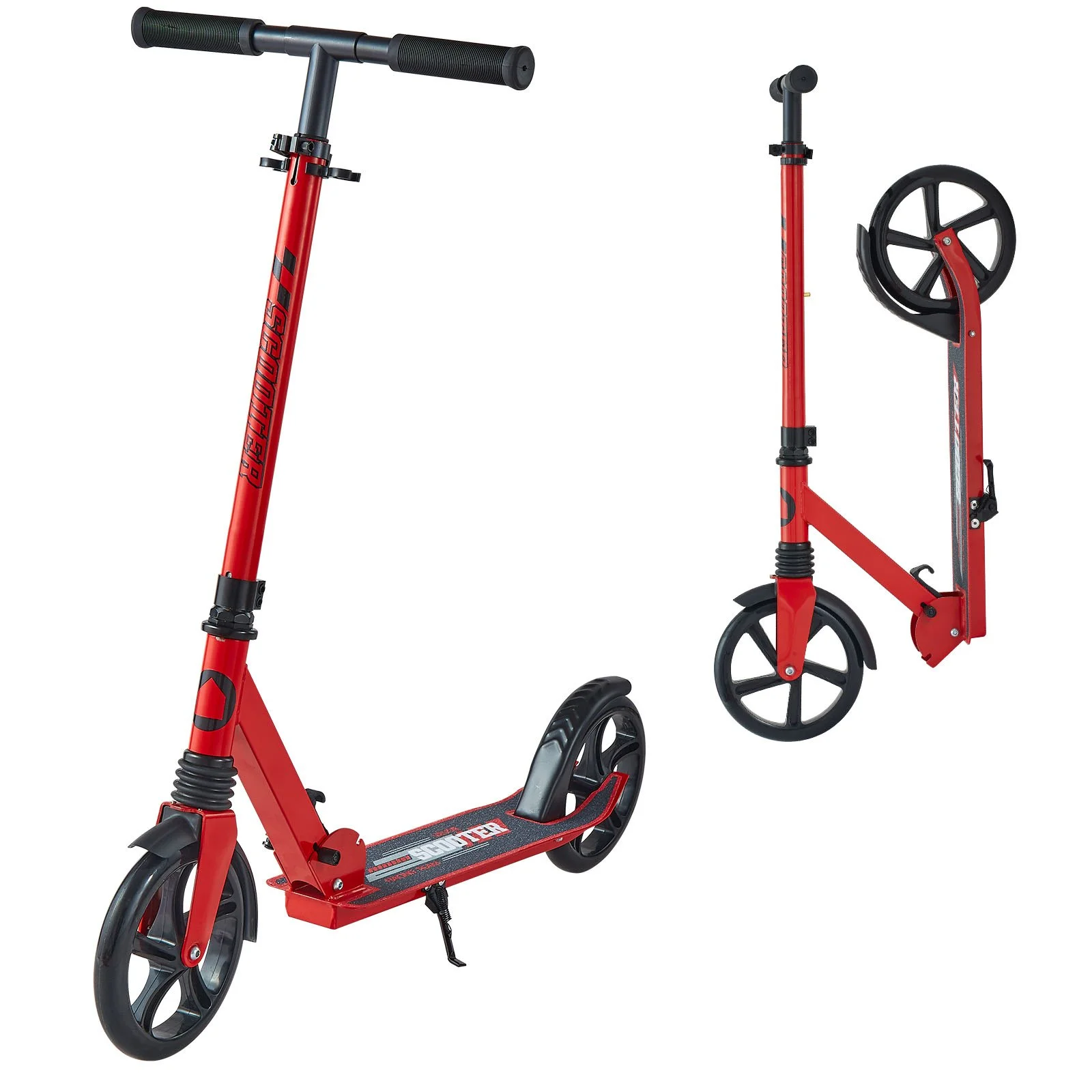Kick Scooter for Kids Ages 8+, Teens & Adults, 2-Wheel Toddler Scooter with Adjustable Height Handlebar, Wide Anti-Slip Deck, Foldable Lightweight for Boys & Girls up to 220 lbs, Red + Black