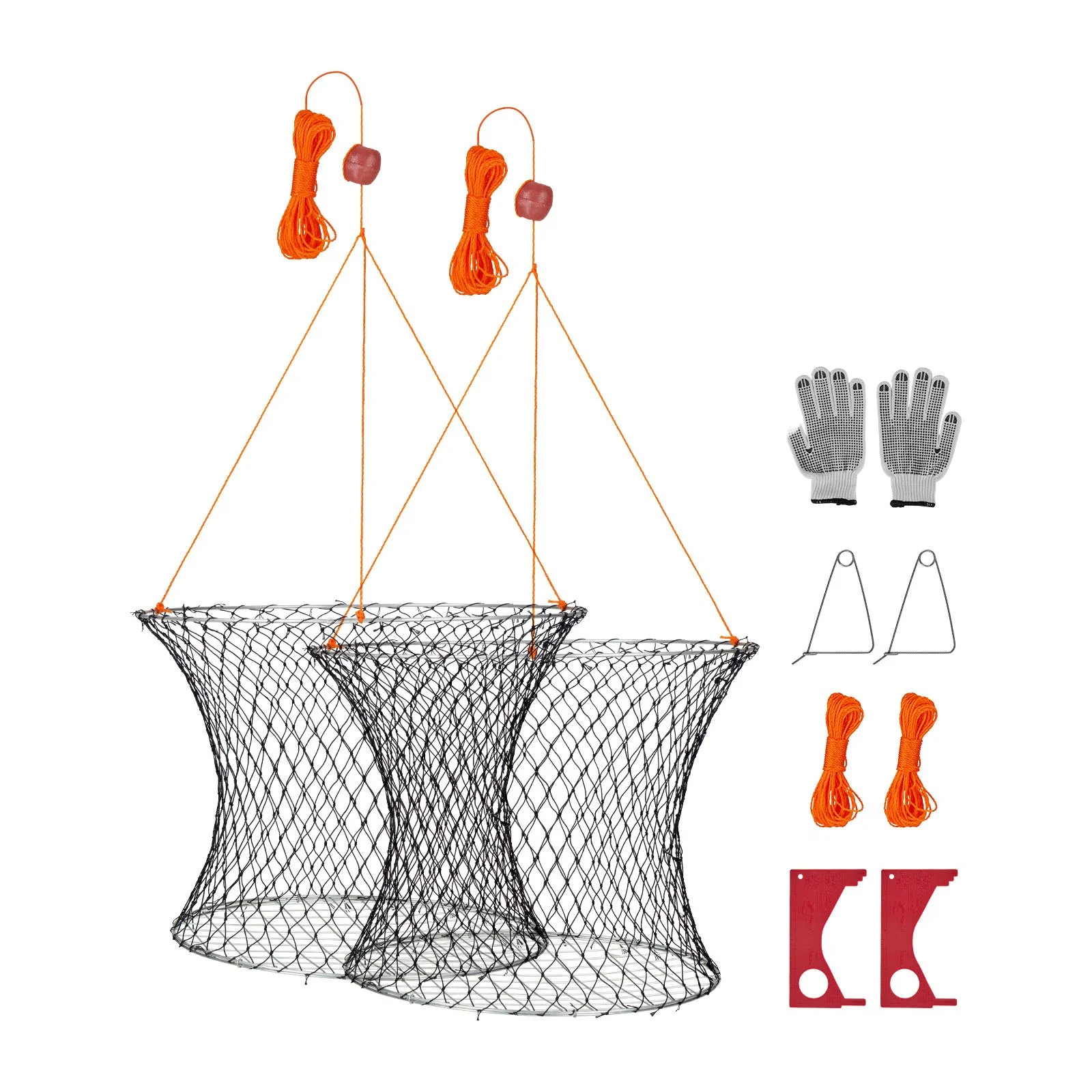 Double Ring Crab Trap, 24 inch Top, 20 inch Bottom, Two Rings Crab Kit, Foldable Fishing Net with Gauge, 60 ft Rope, Wire Grid Bottom, Rock and Blue Crab, Dock & Pier Crabbing, 2 Set