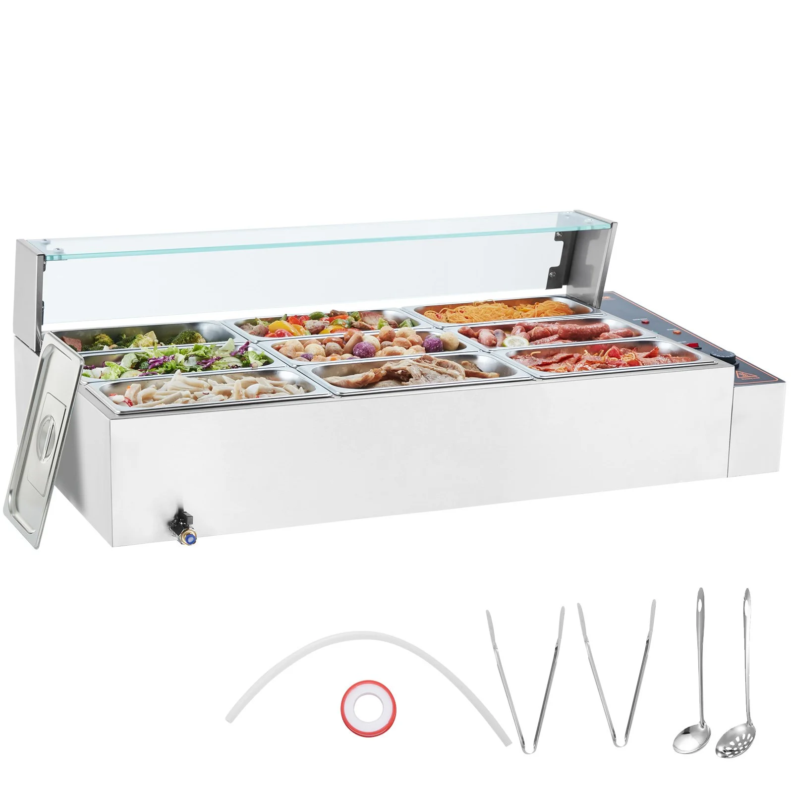 Commercial Food Warmer, 1500W Electric Stainless Steel Steam Food Warmer with Glass Cover, 9-Pan Countertop Buffet Bain Marie with Soup & Perforated Ladles, for Catering, Restaurant & Party