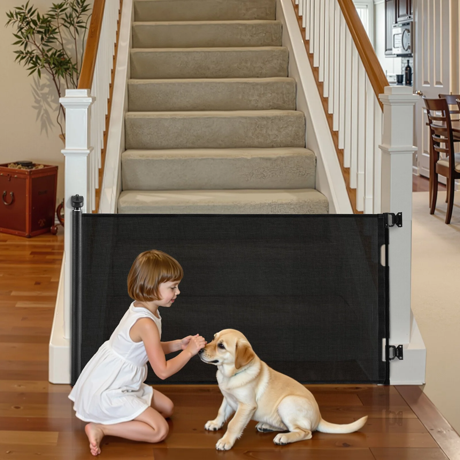 Retractable Baby Gate, Extends to 56.3 inch Wide, 31.3 inch Tall, with Security Lock, Easy to Use, Walk Through Without Tripping, Mesh Dog Gate for Stairs, Hallways, Indoor/Outdoor, Black