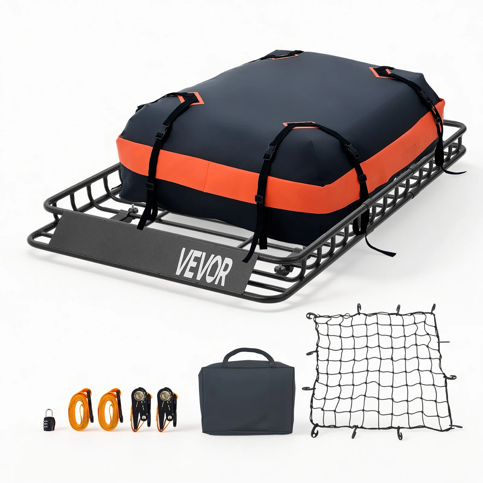 Roof Rack Cargo Basket, 54 x 34 x 4 in, Heavy Duty Roof Top Carrier Basket with Waterproof Bag, Cargo Net, Ratchet Straps, 200 lbs Capacity, Universal Car Top Luggage Holder, for SUV Truck Car