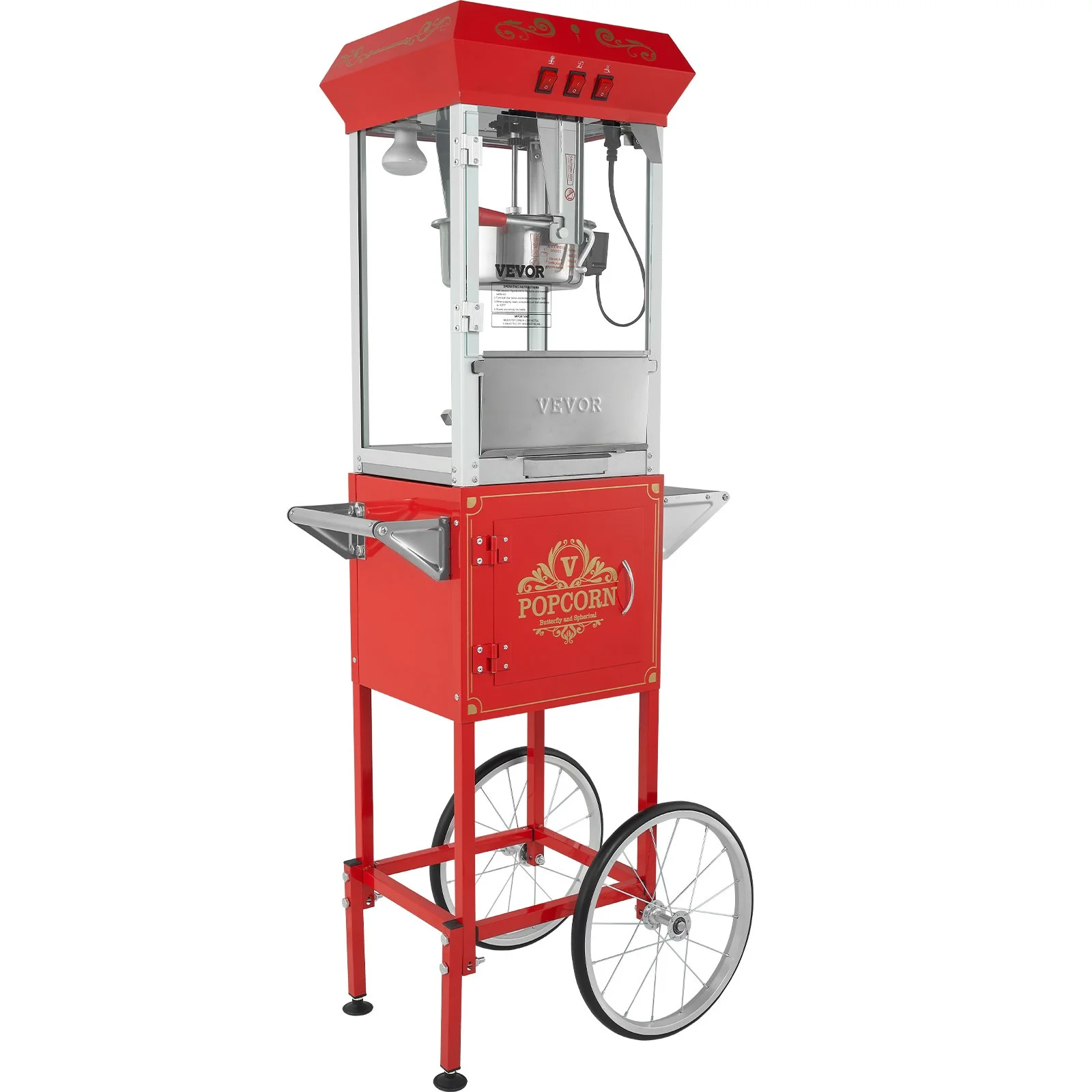 Popcorn Maker with Cart, 850W Popcorn Popper Machine, 8 Oz Kettle Makes 48 Cups per Batch, Popcorn Maker Equipped with Tempered Glass, Includes 4 Scoops, Movie Theater Style, Red - Image 10