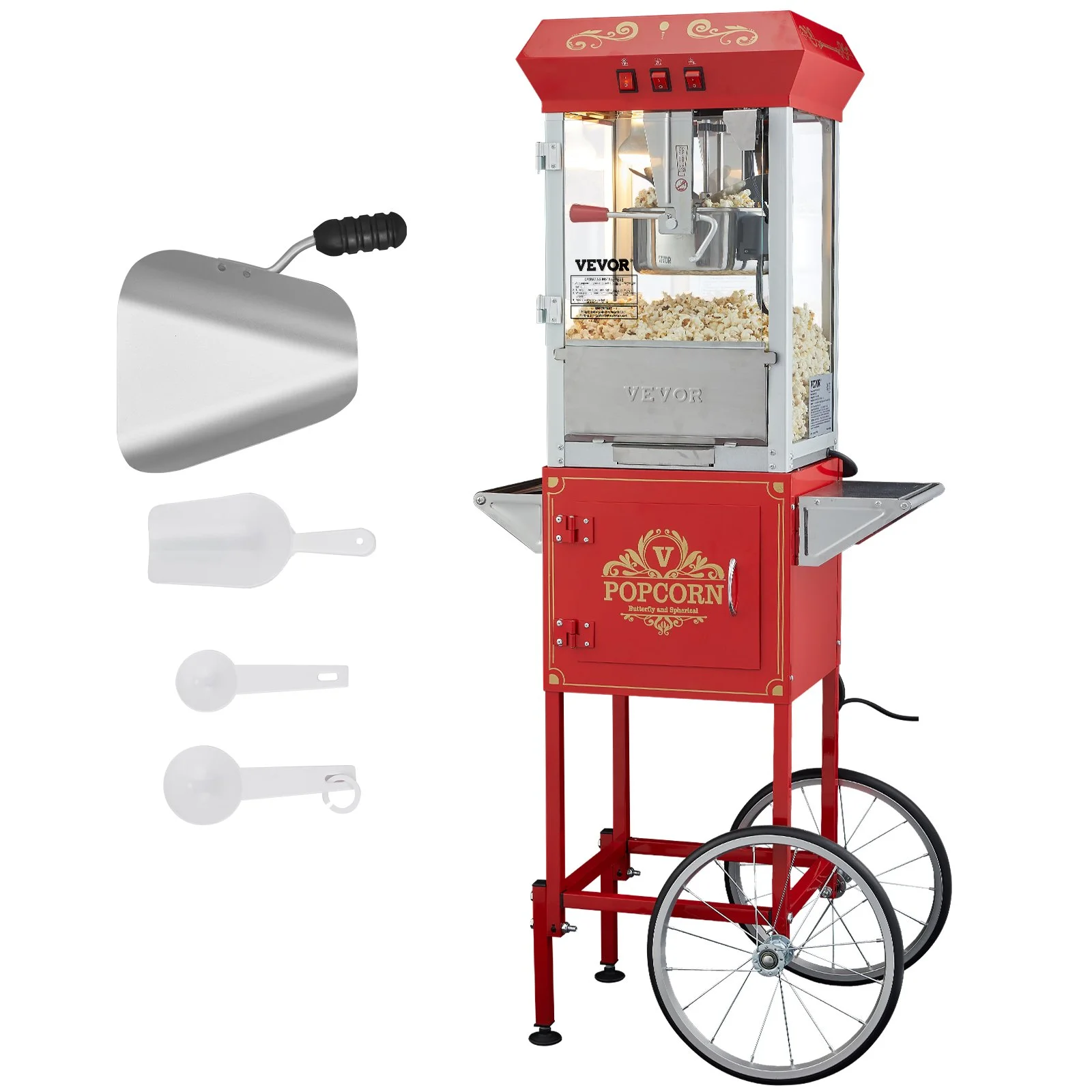 Popcorn Maker with Cart, 850W Popcorn Popper Machine, 8 Oz Kettle Makes 48 Cups per Batch, Popcorn Maker Equipped with Tempered Glass, Includes 4 Scoops, Movie Theater Style, Red