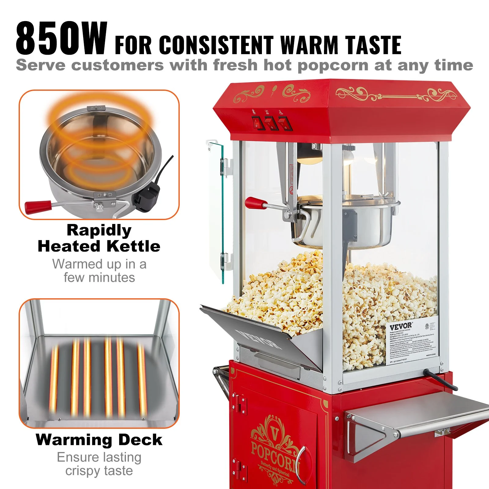 Popcorn Maker with Cart, 850W Popcorn Popper Machine, 8 Oz Kettle Makes 48 Cups per Batch, Popcorn Maker Equipped with Tempered Glass, Includes 4 Scoops, Movie Theater Style, Red - Image 4