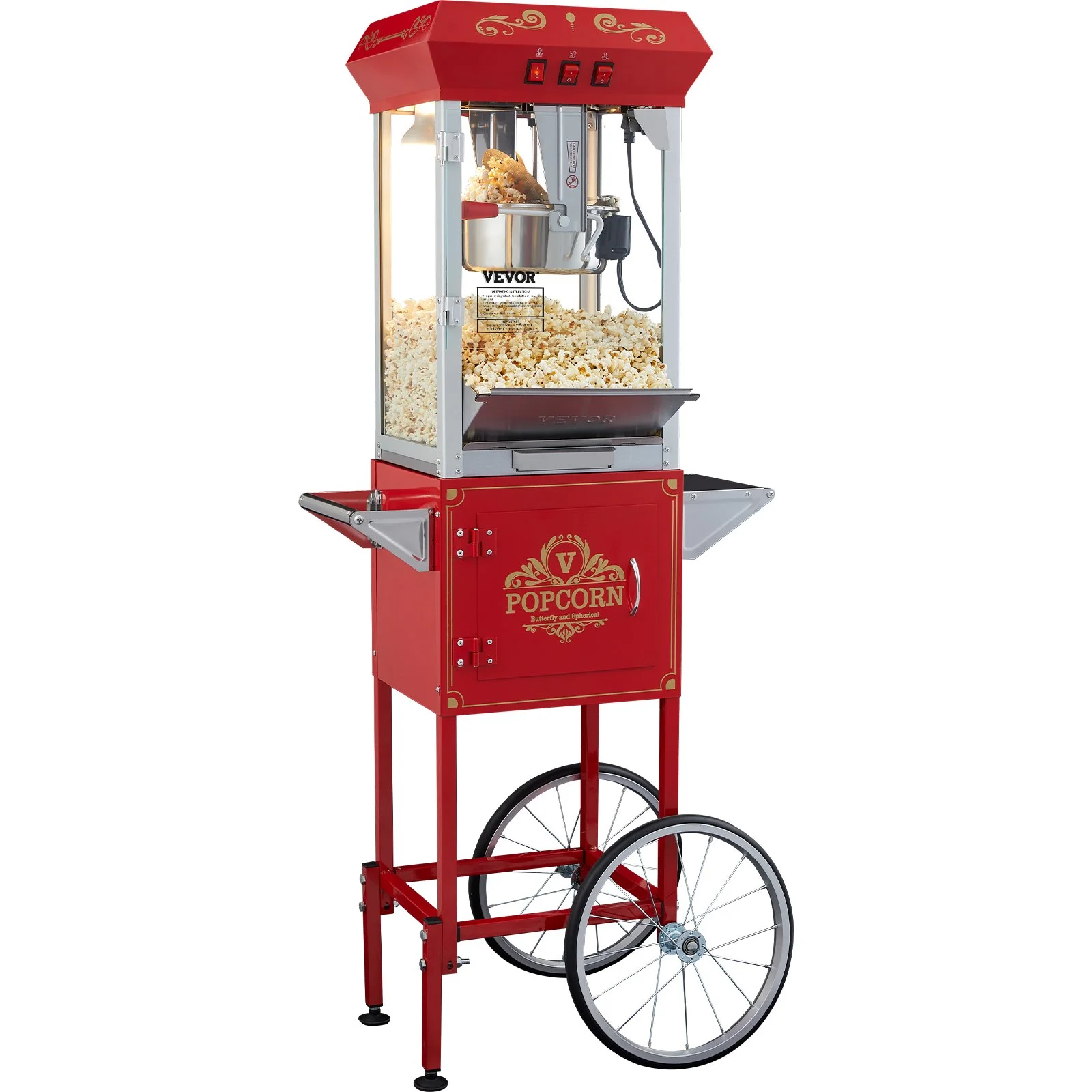 Popcorn Maker with Cart, 850W Popcorn Popper Machine, 8 Oz Kettle Makes 48 Cups per Batch, Popcorn Maker Equipped with Tempered Glass, Includes 4 Scoops, Movie Theater Style, Red - Image 9