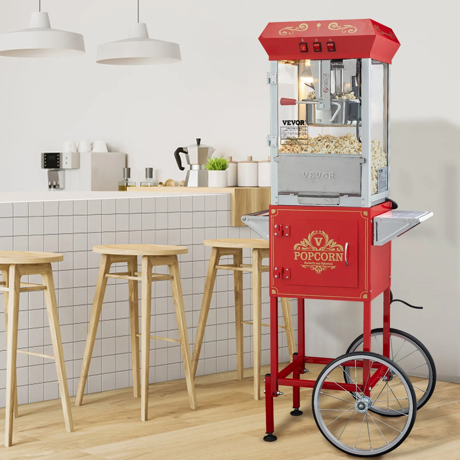 Popcorn Maker with Cart, 850W Popcorn Popper Machine, 8 Oz Kettle Makes 48 Cups per Batch, Popcorn Maker Equipped with Tempered Glass, Includes 4 Scoops, Movie Theater Style, Red - Image 8