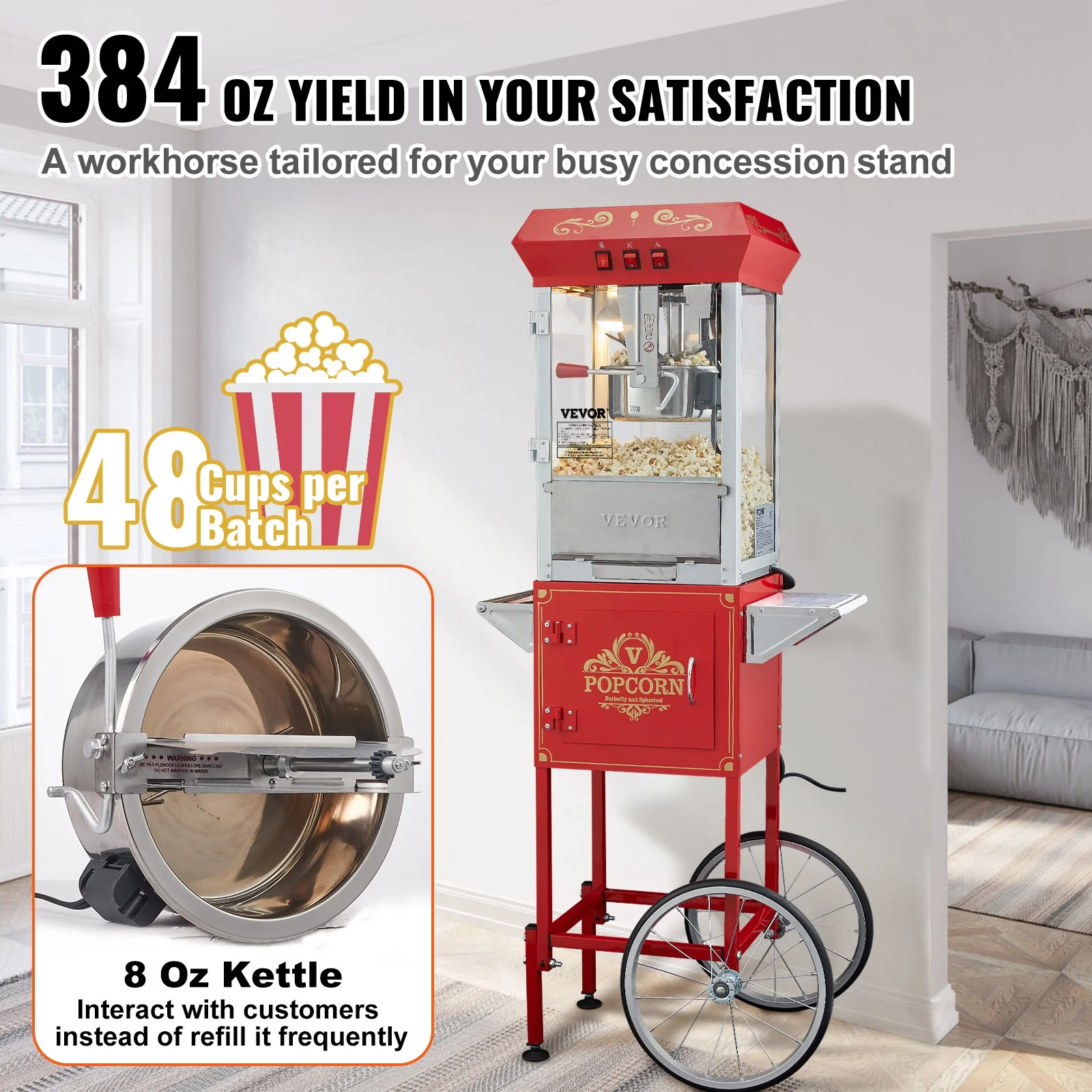 Popcorn Maker with Cart, 850W Popcorn Popper Machine, 8 Oz Kettle Makes 48 Cups per Batch, Popcorn Maker Equipped with Tempered Glass, Includes 4 Scoops, Movie Theater Style, Red - Image 3