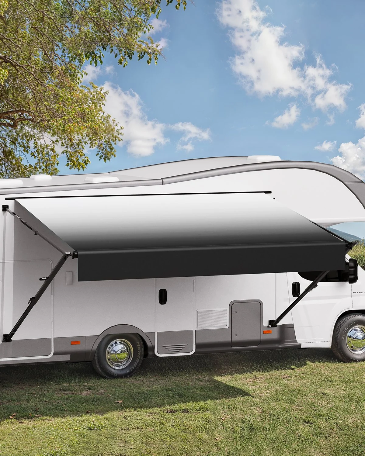 Manual RV Awning Complete Kit, 14' Retractable Awning with Aluminum Alloy Frame, Outdoor Trailer Awning, Fit for Most RVs(Black Fade)