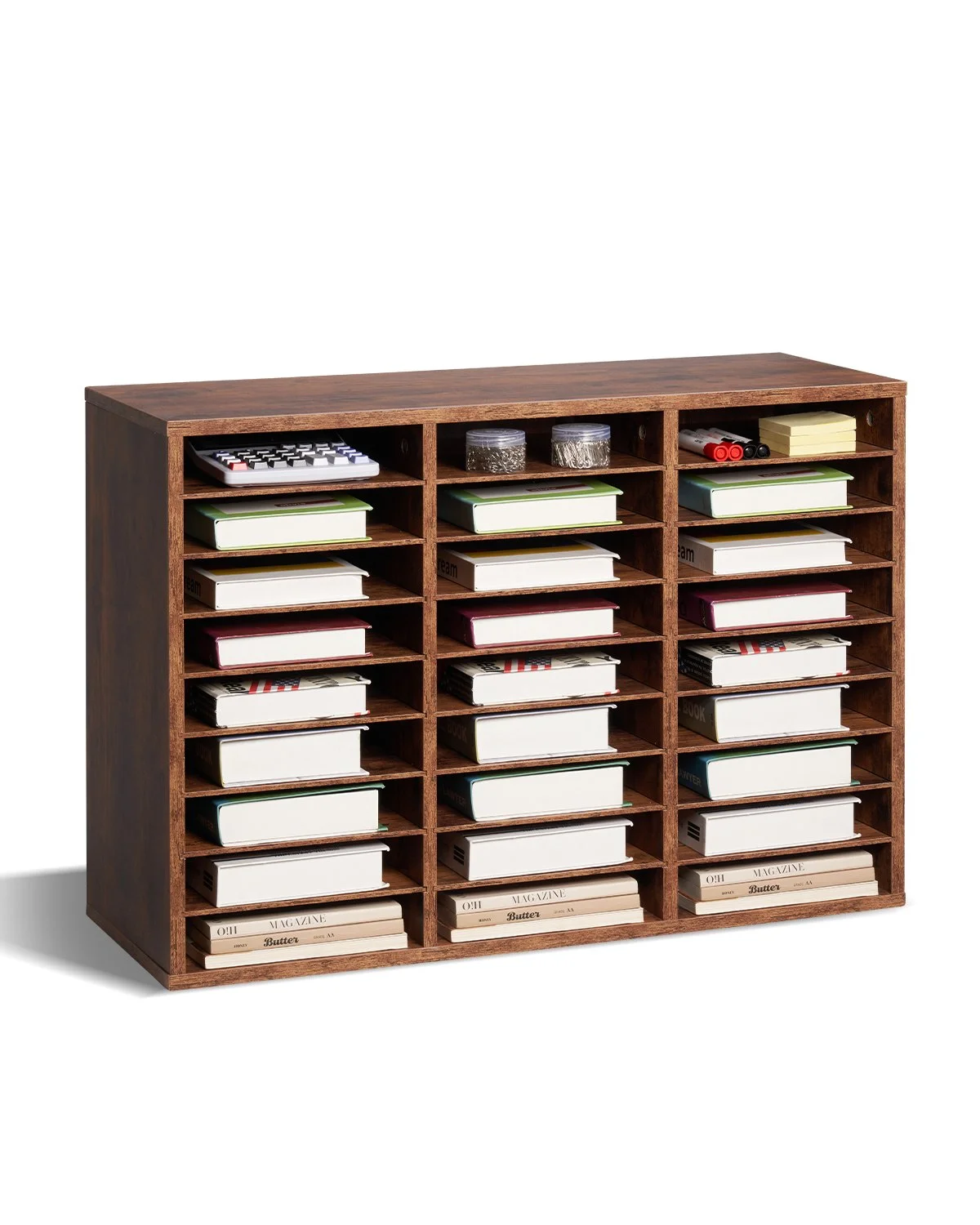 Literature Organizer, 27 Compartments Office Mailbox with Removable Shelves, Wood Mailbox Sorter Particle Board Office Home Classroom Storage, File Sorter for File, Document, Paper, Dark Brown