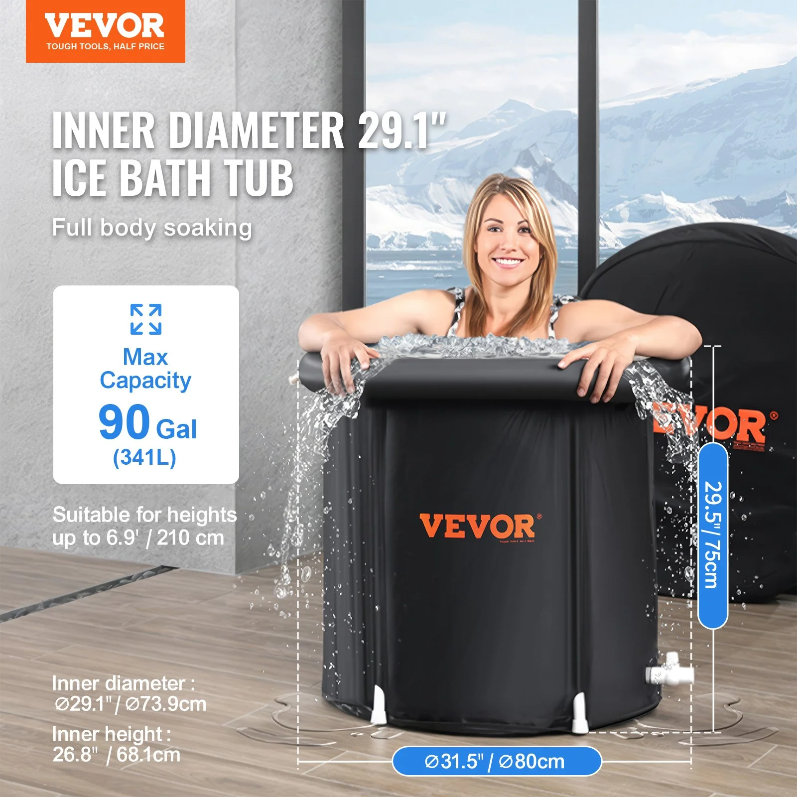 Ice Bath Tub, Cold Water Therapy Plunge Tub for Athletes, Portable Outdoor Ice Barrel Plunge Pool for Recovery, 90 Gal Inflatable Folding Bathtub with Cover, Home Ice Pod for Adult, 32"Lx30"H - Image 7