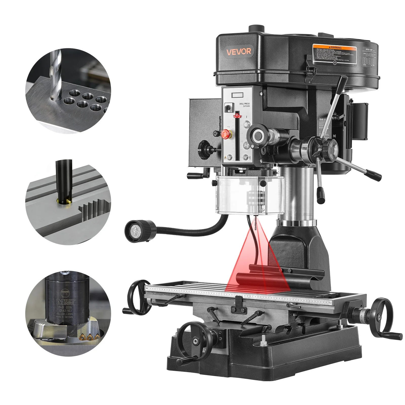 15.875-Inch Mill Drill Machine, 2 HP, Benchtop Milling Drill Press, 150-2560 RPM Adjustable Speed, with Rotating Vise, Laser and Work Light, Milling Drilling Machine, for Woodworking Light Metal