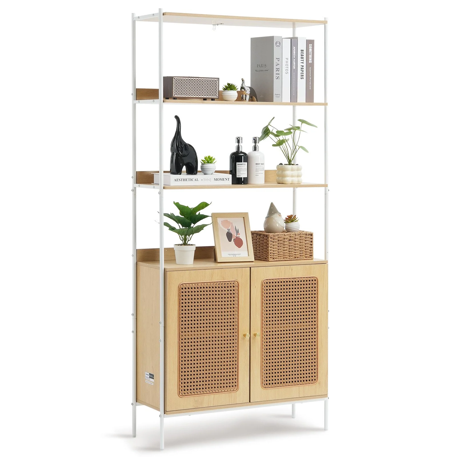 Rattan Bookshelf, Ladder Shelf with 2 Doors, Rectangle Freestanding Open Storage Bookcase Rack Organizer, Storage Display Shelves Ideal for Library, Meeting Room, Office, Study, Natural
