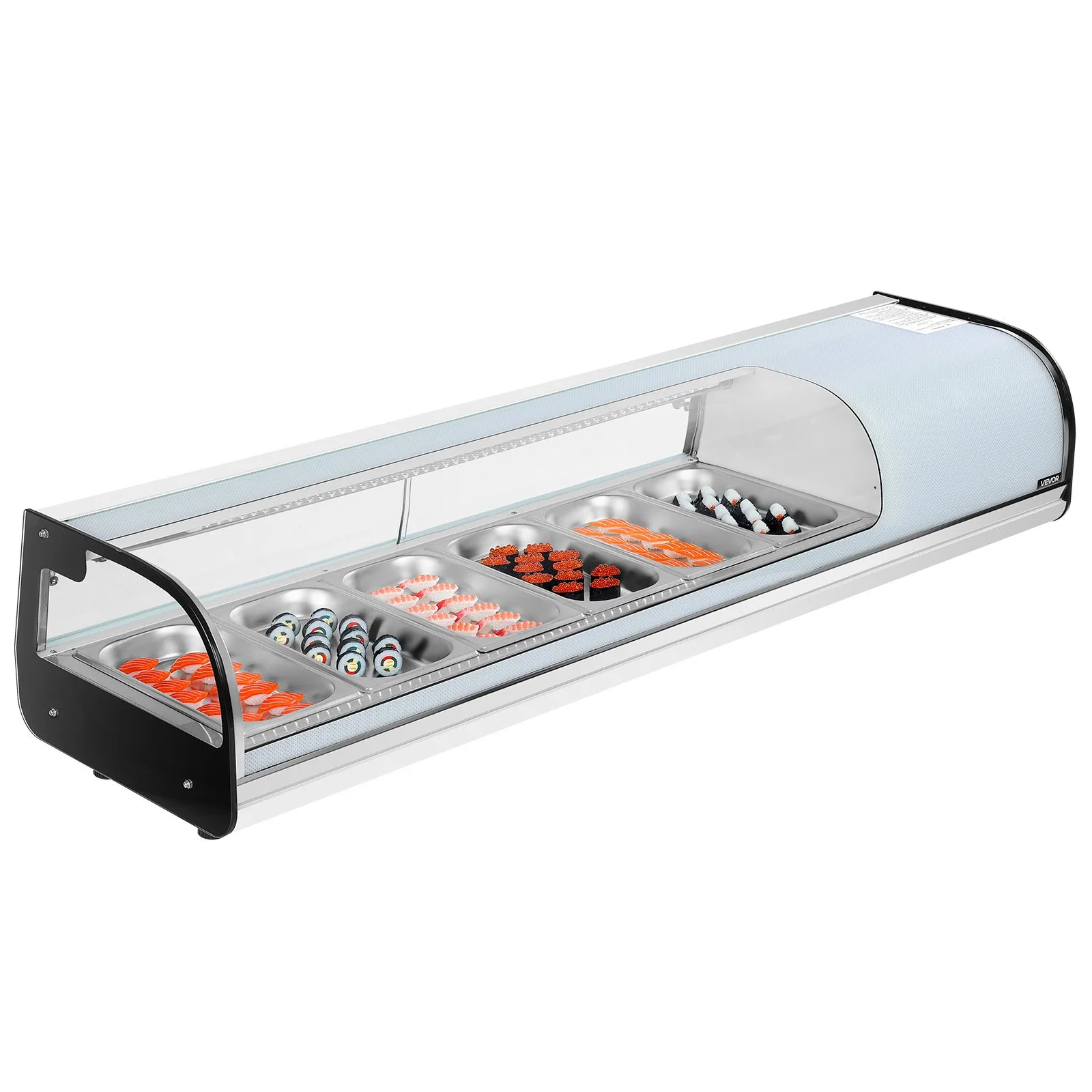 Sushi Display Case Refrigerator, 2.2 Cu.ft Commercial Sushi Case, 6-Pan Countertop  Showcase with Curved Glass, LED Lighting, and Digital Temperature Control, for Sushi-Bar, Restaurant, Store