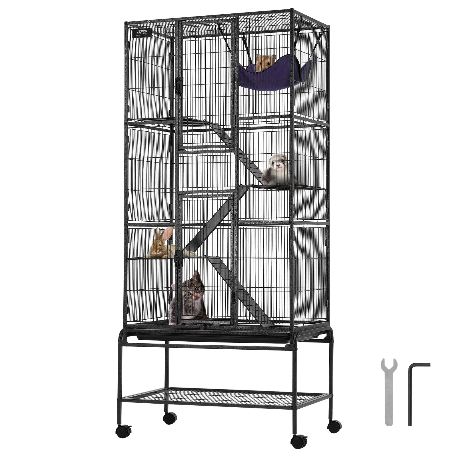 69" Rolling Metal Ferret Cage, Large 4-Tier  Cage, Small Animal Cage with Ramps & Tray, Easy to Set up for Pet Rats, Hamster, Guinea Pig, Chinchilla, Squirrel, Hedgehogs, Bunny