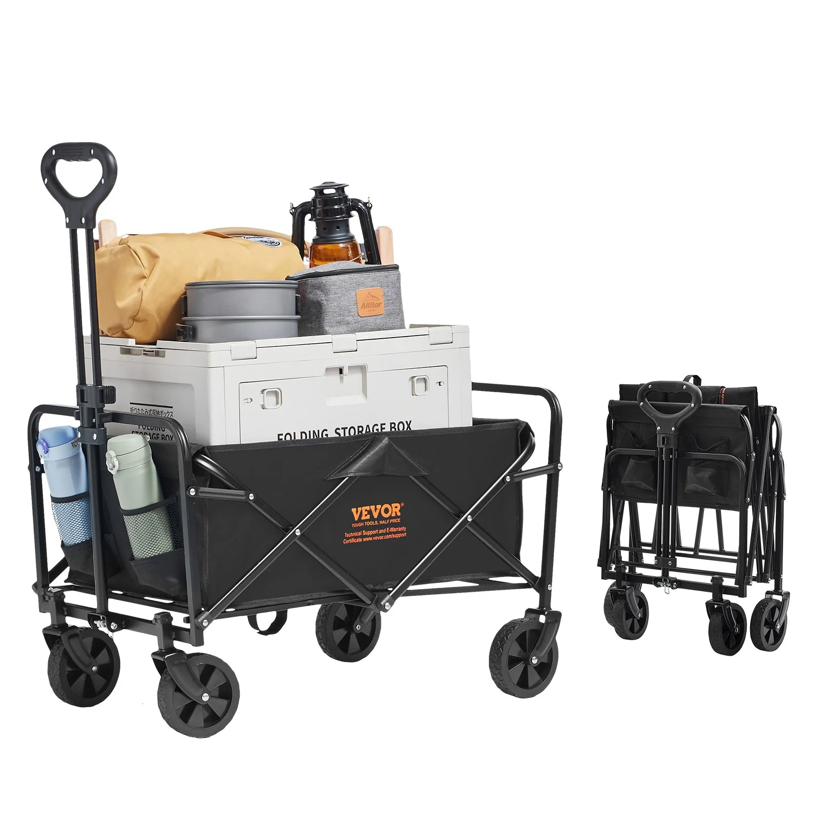 Collapsible Folding Wagon, 2 cu.ft Grass Wagon Cart with All-Terrain 5in Wheels, Heavy Duty Folding Wagon Cart 220 lbs Weight Capacity with Drink Holders, Wagon for Camping, Shopping, Garden