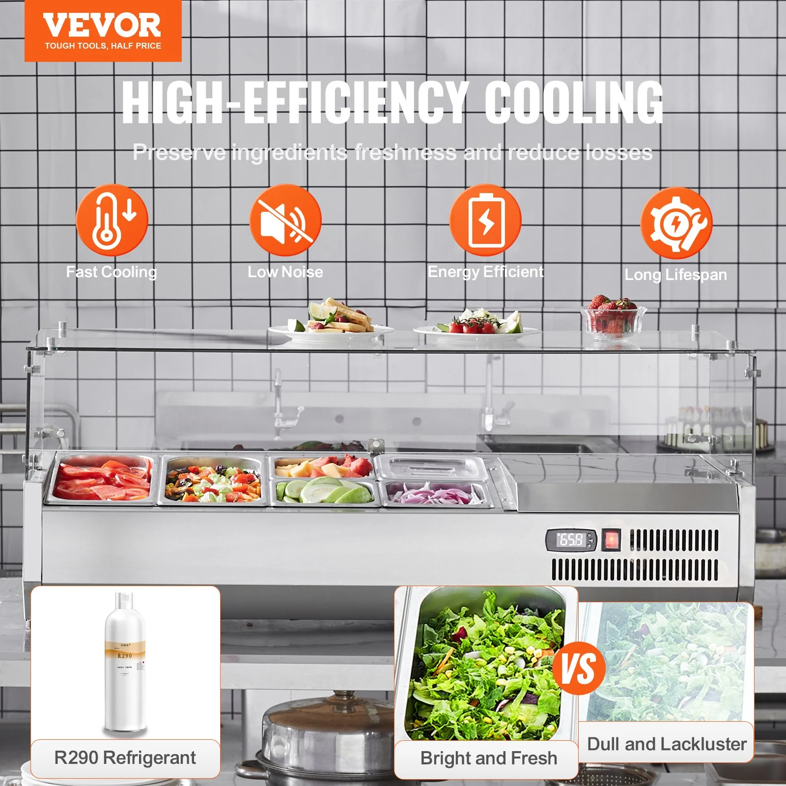 Refrigerated Condiment Prep Station, 135 W Countertop Refrigerated Condiment Station, with 2 1/3 Pans & 4 1/6 Pans, 304 Stainless Body and PC Lid, Sandwich Prep Table with Glass Guard, ETL - Image 12