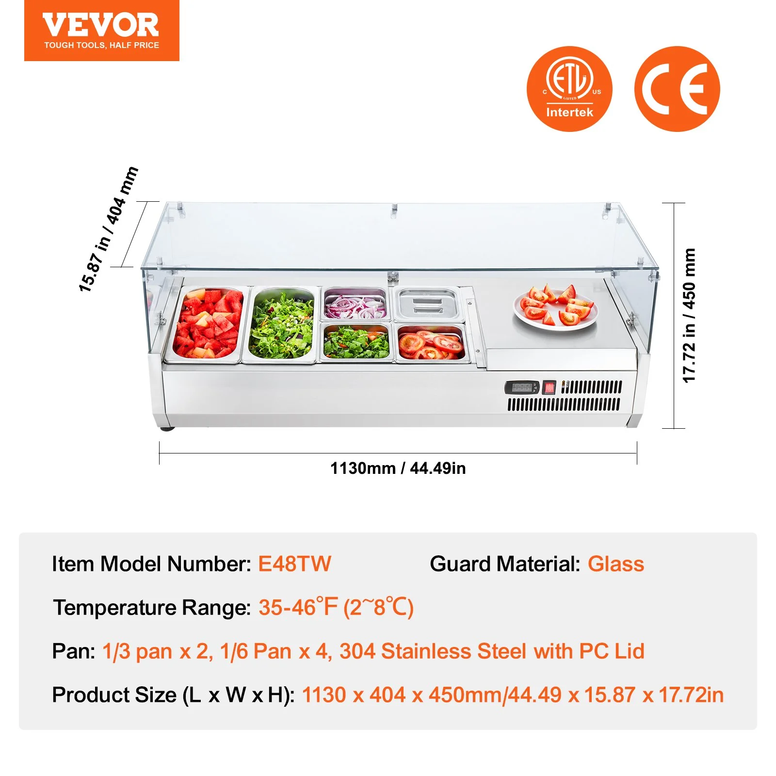 Refrigerated Condiment Prep Station, 135 W Countertop Refrigerated Condiment Station, with 2 1/3 Pans & 4 1/6 Pans, 304 Stainless Body and PC Lid, Sandwich Prep Table with Glass Guard, ETL - Image 6