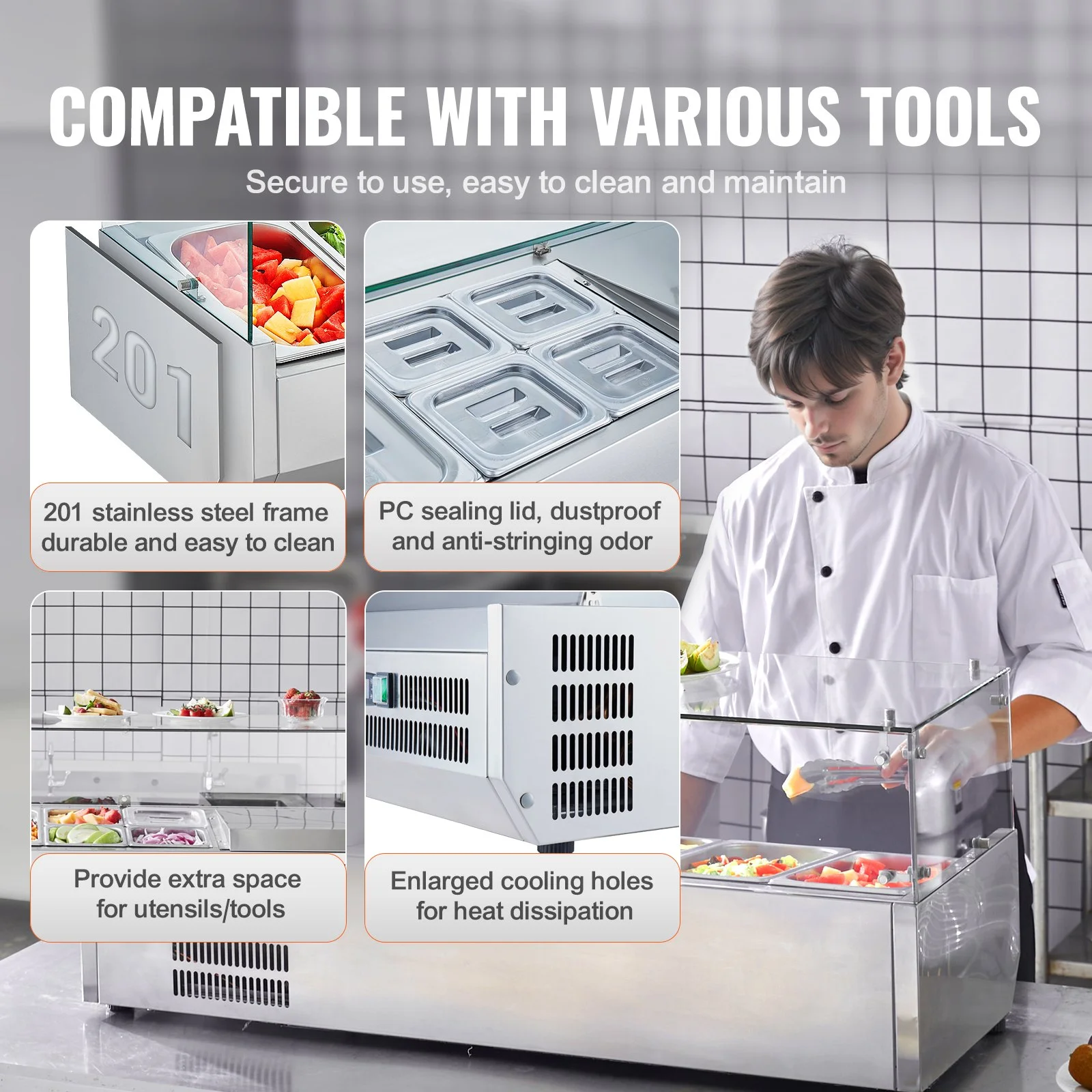 Refrigerated Condiment Prep Station, 135 W Countertop Refrigerated Condiment Station, with 2 1/3 Pans & 4 1/6 Pans, 304 Stainless Body and PC Lid, Sandwich Prep Table with Glass Guard, ETL - Image 5