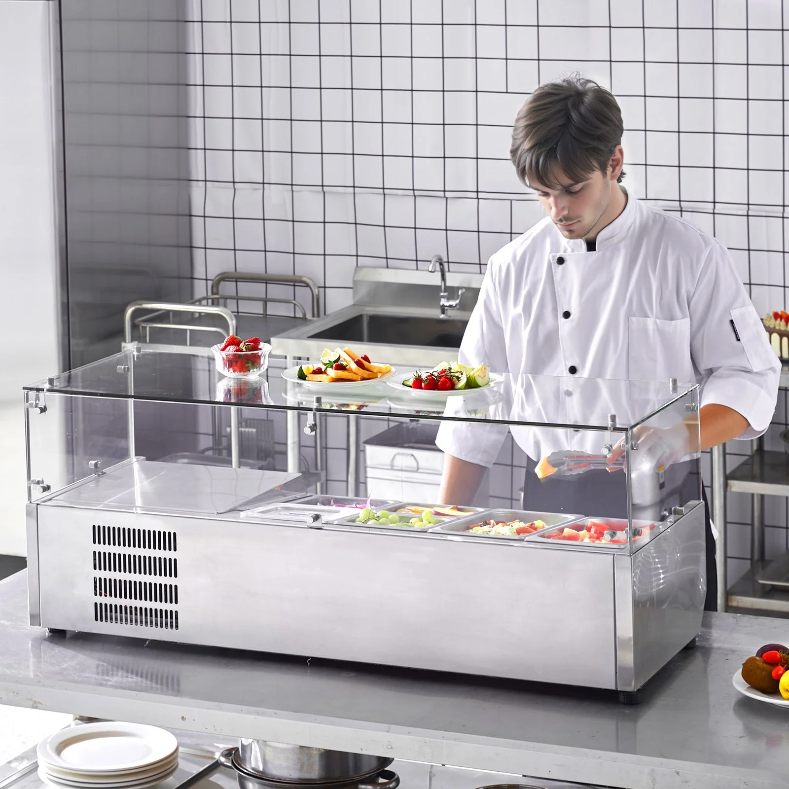 Refrigerated Condiment Prep Station, 135 W Countertop Refrigerated Condiment Station, with 2 1/3 Pans & 4 1/6 Pans, 304 Stainless Body and PC Lid, Sandwich Prep Table with Glass Guard, ETL - Image 7