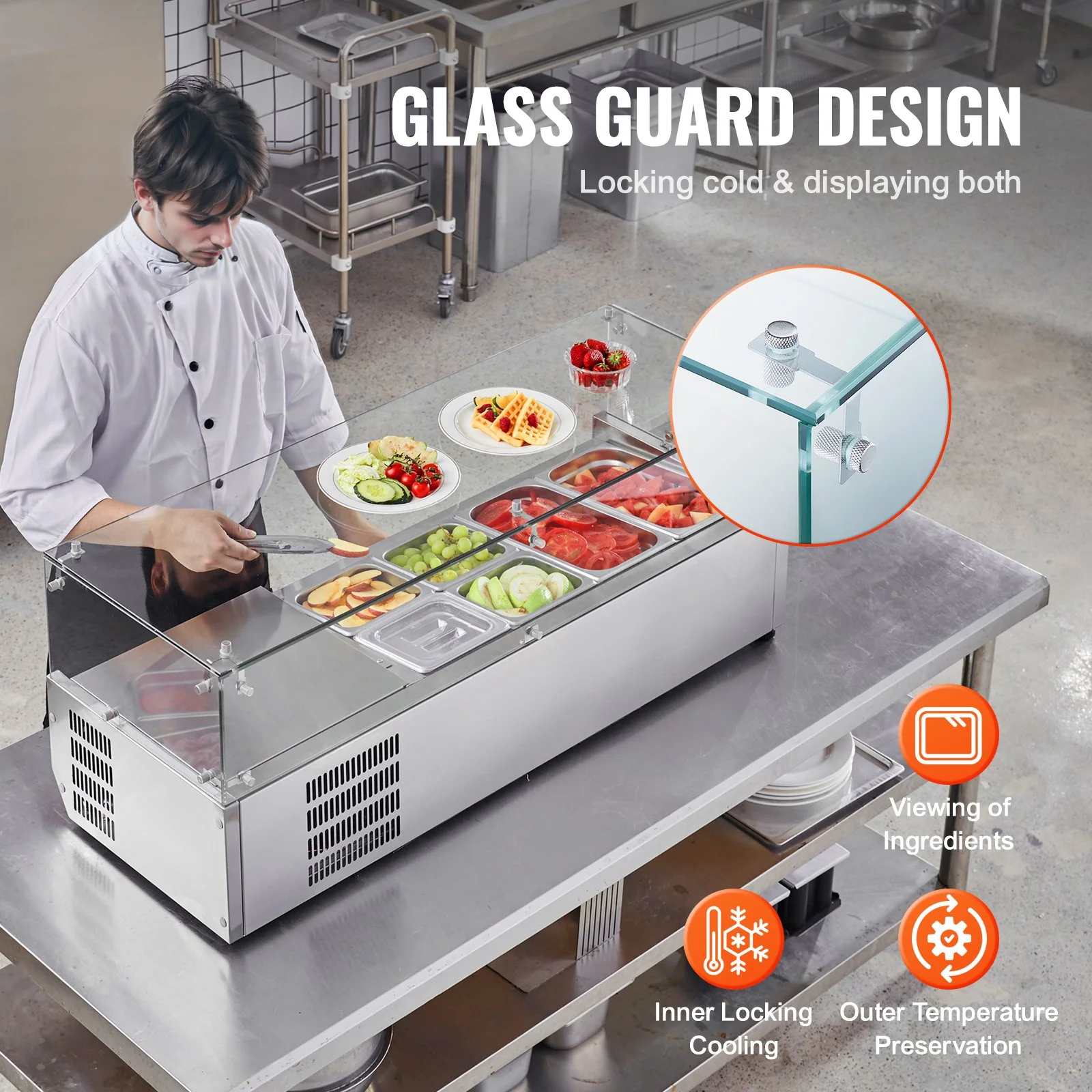 Refrigerated Condiment Prep Station, 135 W Countertop Refrigerated Condiment Station, with 2 1/3 Pans & 4 1/6 Pans, 304 Stainless Body and PC Lid, Sandwich Prep Table with Glass Guard, ETL - Image 4