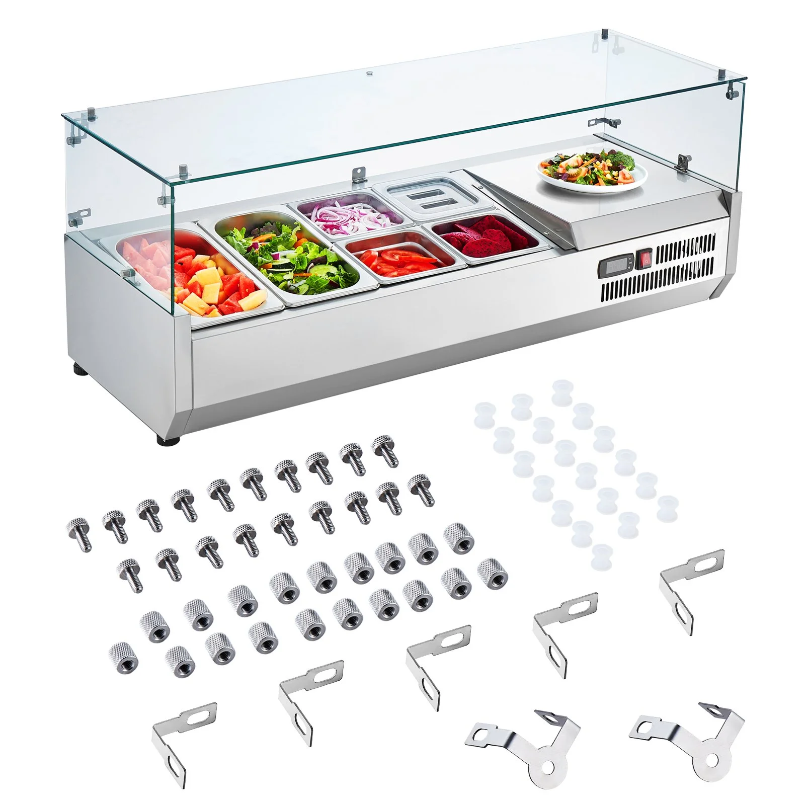 Refrigerated Condiment Prep Station, 135 W Countertop Refrigerated Condiment Station, with 2 1/3 Pans & 4 1/6 Pans, 304 Stainless Body and PC Lid, Sandwich Prep Table with Glass Guard, ETL - Image 8