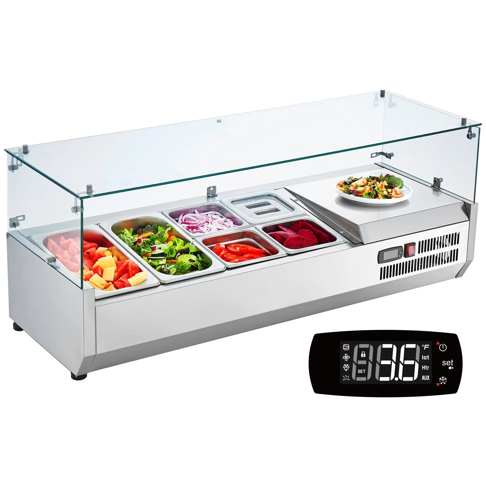 Refrigerated Condiment Prep Station, 135 W Countertop Refrigerated Condiment Station, with 2 1/3 Pans & 4 1/6 Pans, 304 Stainless Body and PC Lid, Sandwich Prep Table with Glass Guard, ETL - Image 9