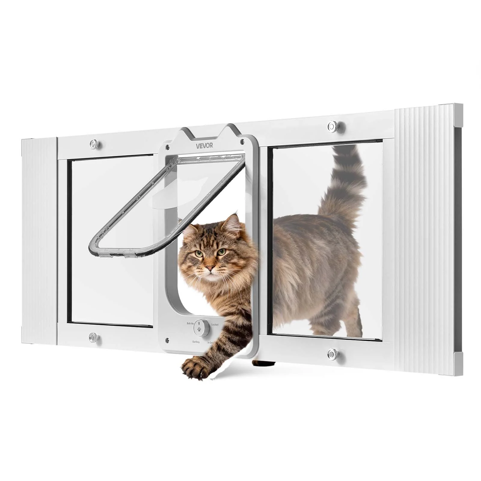 Cat Door for Window, Adjustable to Fit Window Width 35"-40", 4 Secure Lock Modes, Aluminum Frame and High-Transparency Glass, Magnetic Closure, Weatherproof Quick-Fit Pet Door for Cats, White