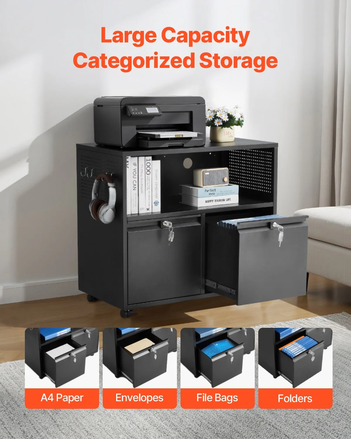 2 Drawers Metal File Cabinet, Lateral Filing Cabinet with Lock and Adjustable Hanging Rods, Wide Filing Storage Cabinets for Home and Office Fit Letter, A4, Legal Size File, Easy Assembly, Black - Image 9