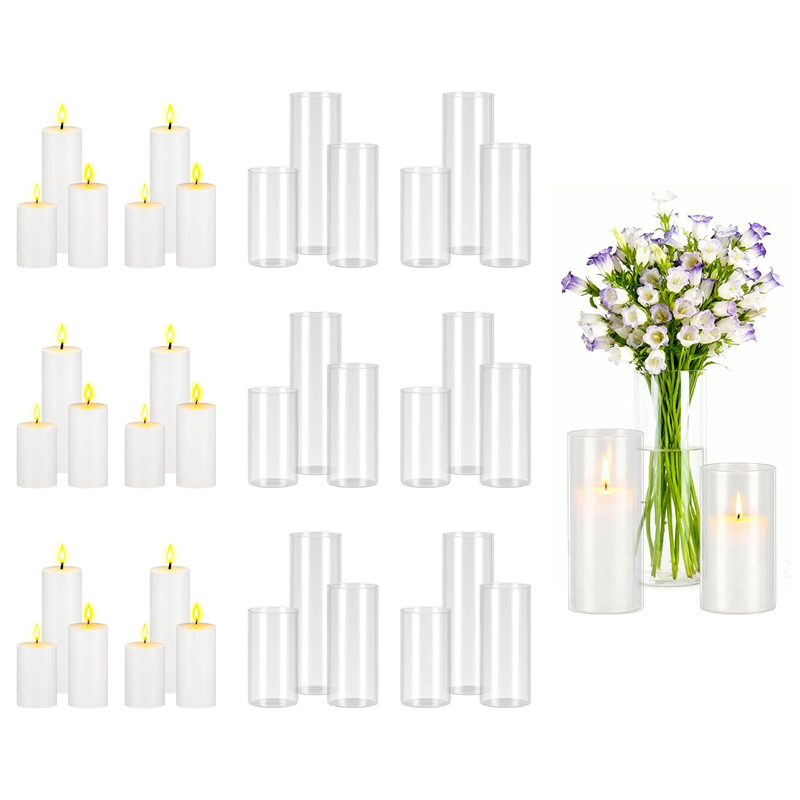 Pillar Candles and Glass Vases Set 36 Pcs, Clear Cylinder Hurricane Candle Holders for Wedding Centerpieces, Tall Vase for Table Decor, Wedding Party, Thanksgiving,White (2.56" x 4.7",5.9",7.9")