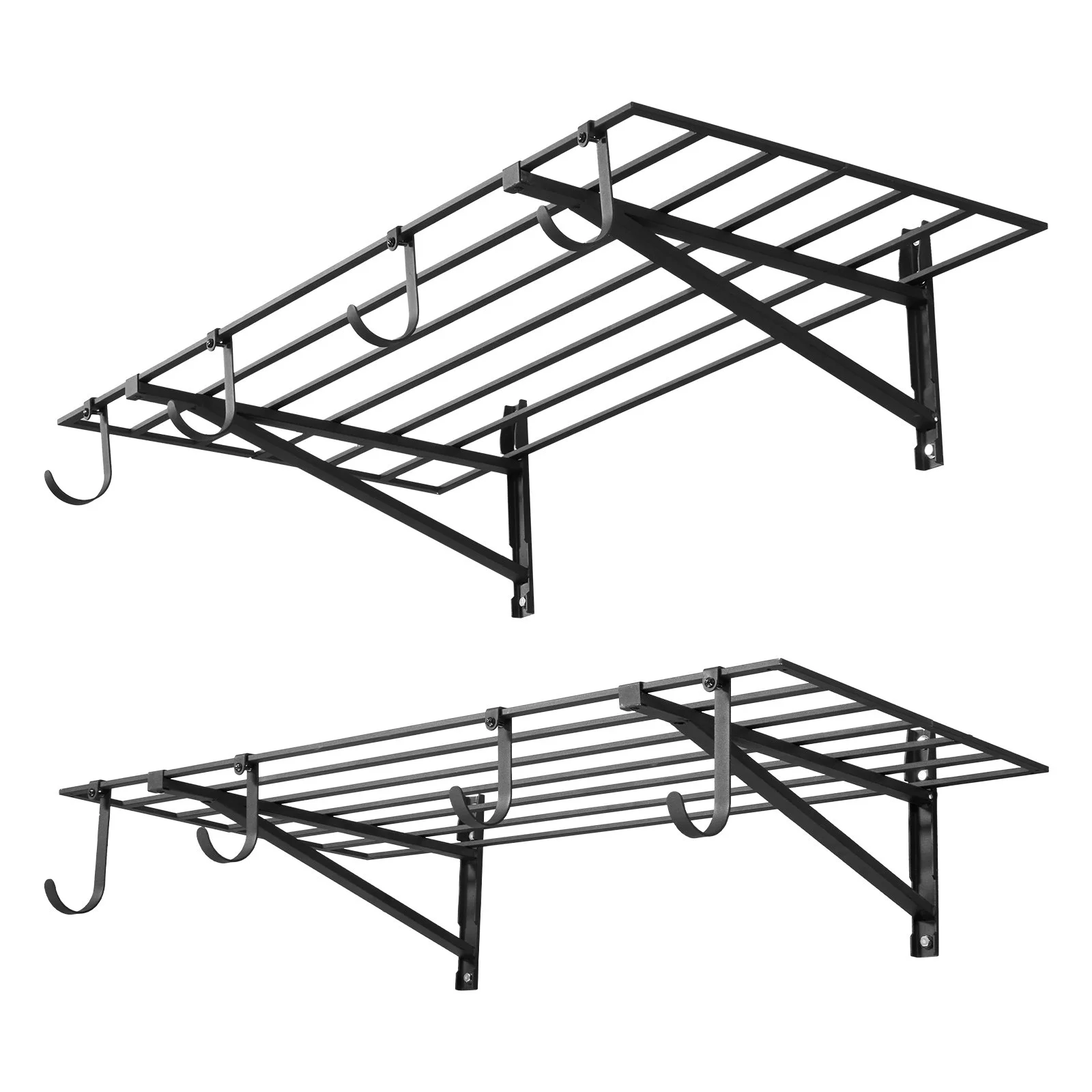2-Tier Heavy Duty Wall Garage Shelving, 2 x 4 ft Steel Wall Mounted Shelving Unit with Hooks, 24 x 48 Inch Per Shelf Floating Storage Metal Rack for Garage, 520 lbs Total Weight Capacity, Black