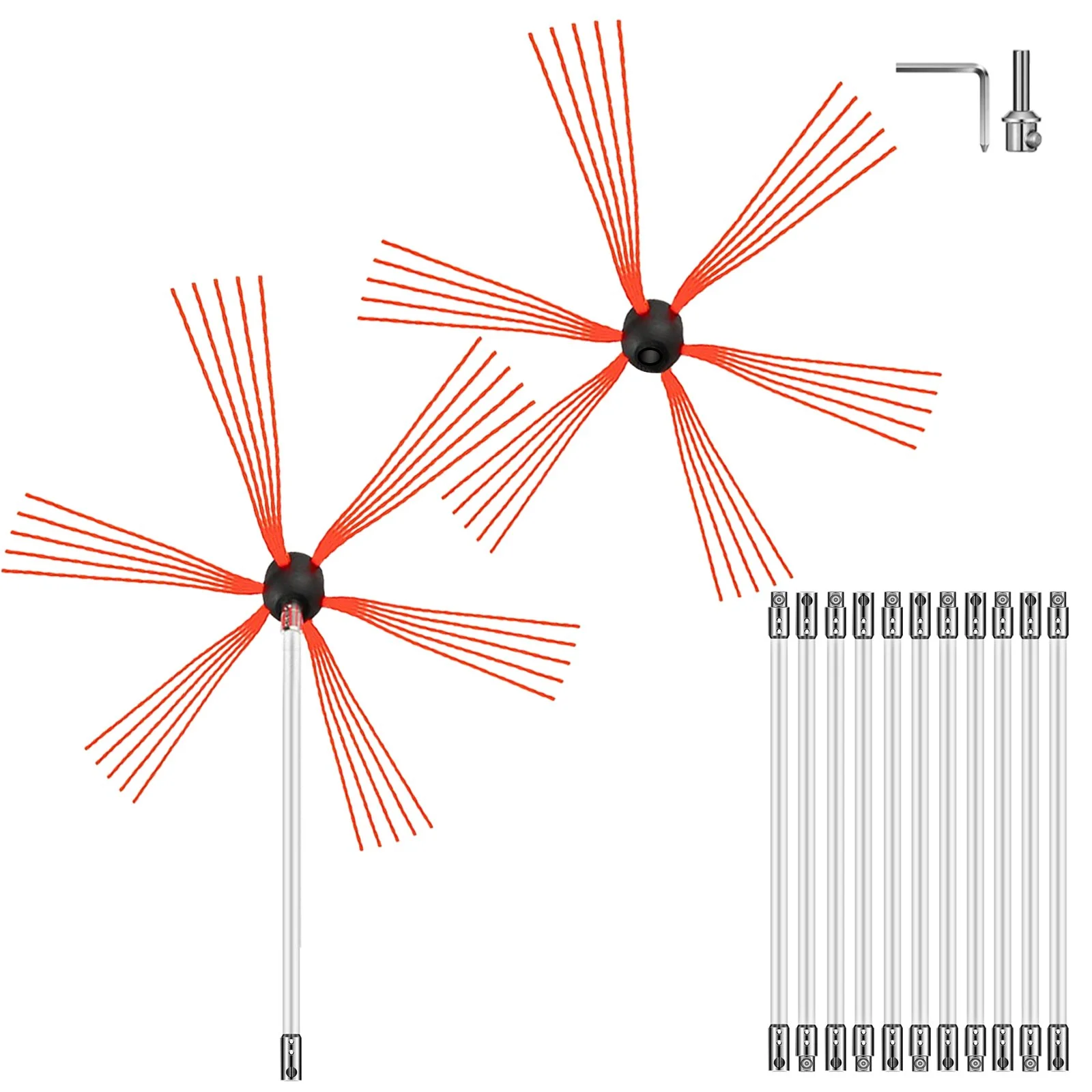 Chimney Sweep Kit 39FT Length, Chimney Brush Kit with 12 Nylon Flexible Rods and 2 Brush Head, Rotary Chimney Cleaning Kit Driven by Drill, Chimney Brush Rod Kit for Sweeping Fireplace