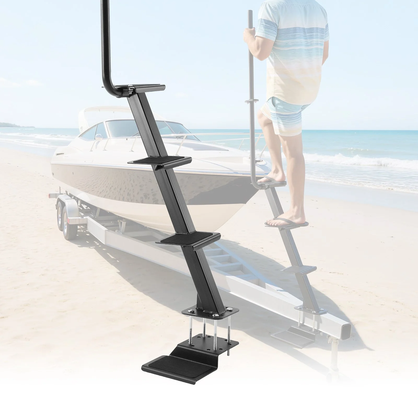 Boat Trailer Steps, 4-Step, Heavy-Duty Boat Trailer Steps with Handle, Non-Slip Surface, 3 Mounting Angle Options, Carbon Steel Ladder Suitable for 3" x 3"/3" x 5"/4" x 4" Frame, Bottom Mounting