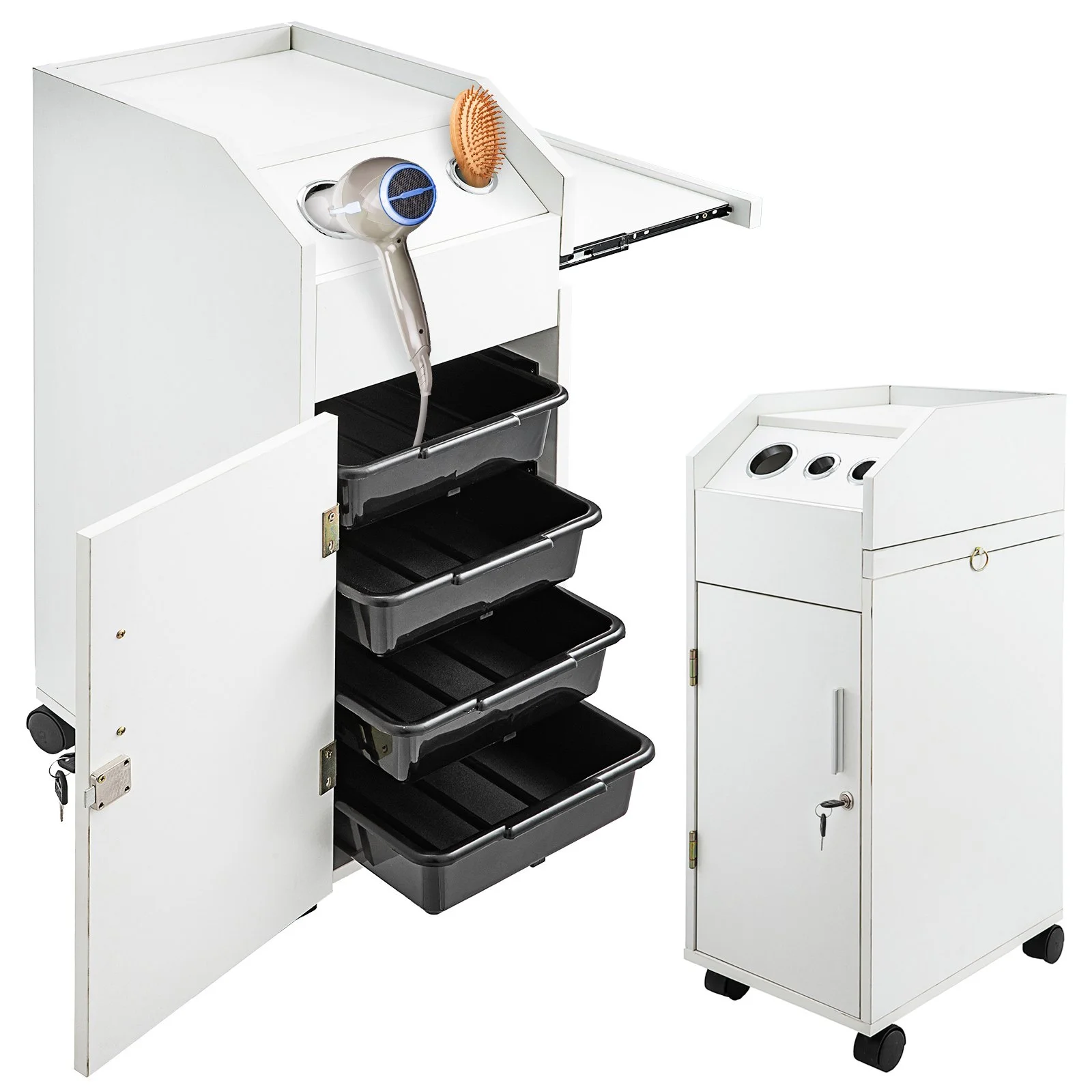 Salon SPA Beauty Hairdressing Cart White Storage Trolley with 4 Drawers Rolling Wheels Lockable 2 Keys with Hairdryer Holder Space-Saving Side Tray