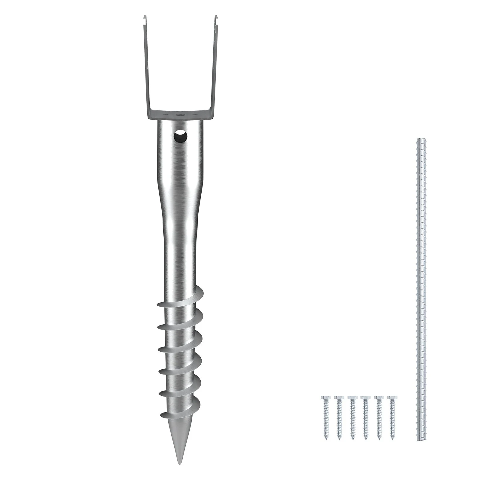 No Dig Ground Anchor, 1 Pack 3.94 x 2.76 x 27.56 in DIY Screw in Post Stake, Includes 6 Lag Bolts & a Rebar, U-Shape Heavy Duty Steel Post Holder, Great for Mailbox Posts and Fence Posts