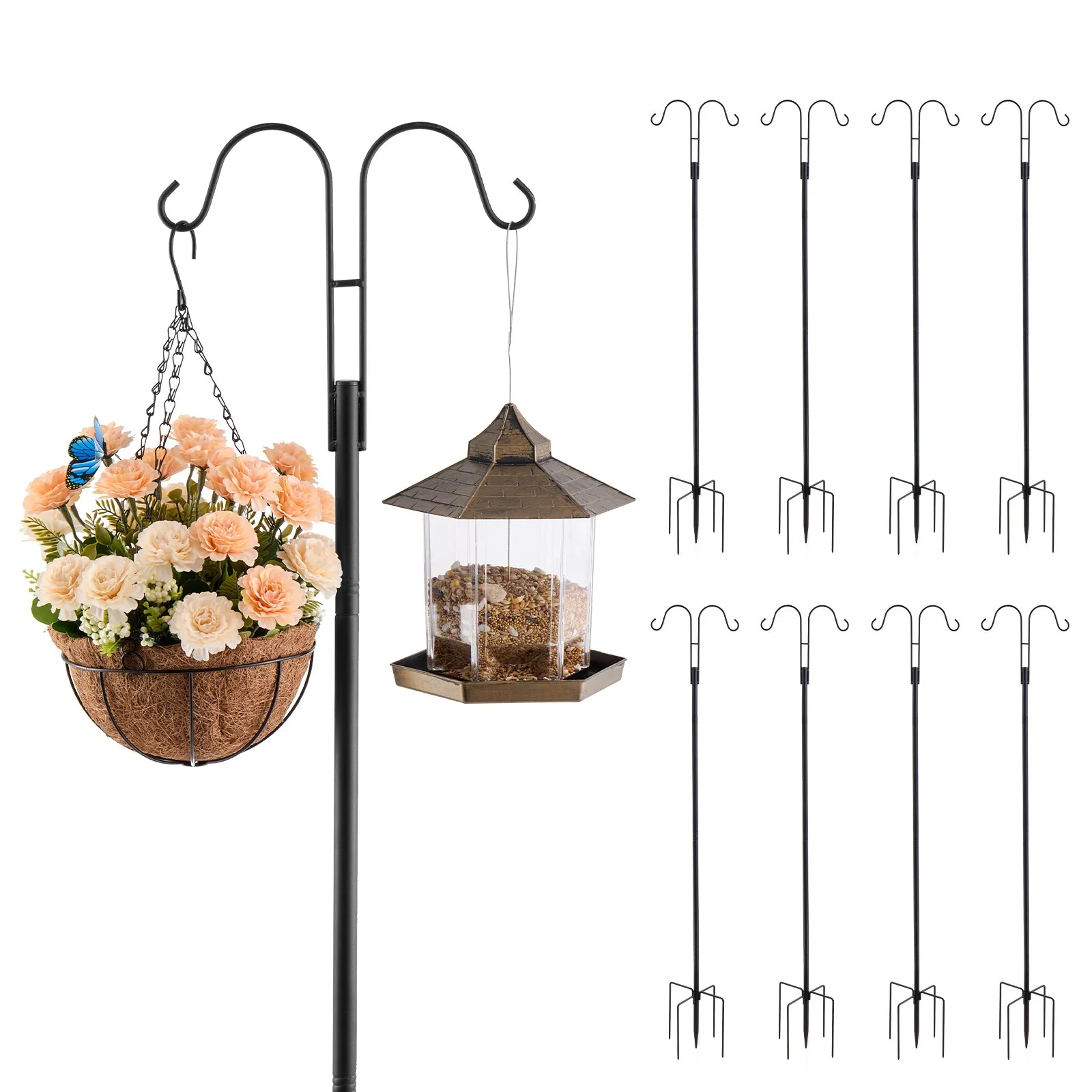 Double Shepherds Hooks for Outdoor, 8 Pack 60 Inch Heavy Duty Bird Feeder Pole, 3/4 Inch Thick Garden Hooks for Hanging Hummingbird Feeder, Plant Baskets, Solar Light Lanterns,Wind Chimes
