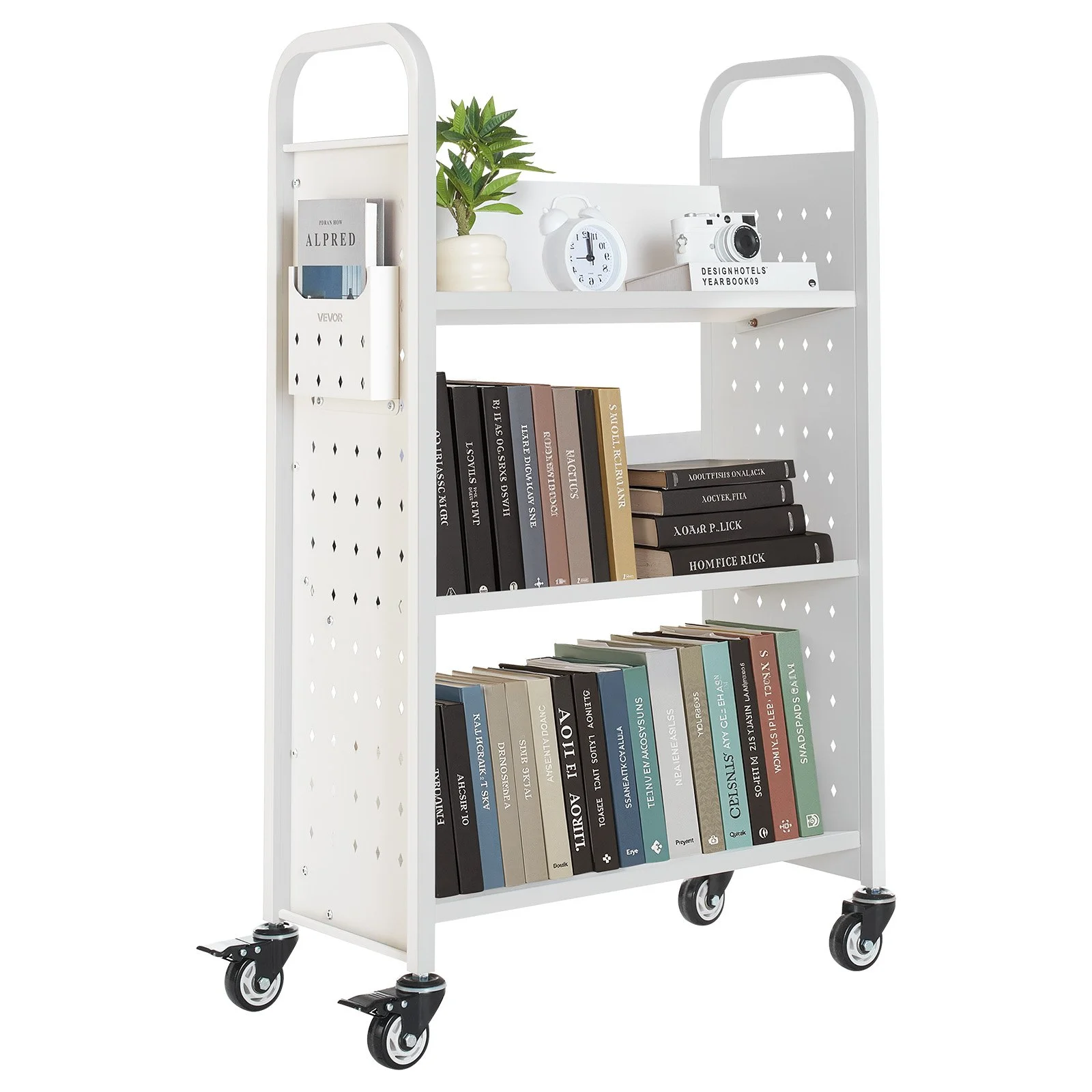 Rolling Library Book Cart, 330 lbs Capacity, 30.3 x 15 x 48.0-Inch Library Cart, Single Sided V-Shaped Shelves with 3-Inch Lockable Wheels, Book Truck for Home Shelves Office and School, White