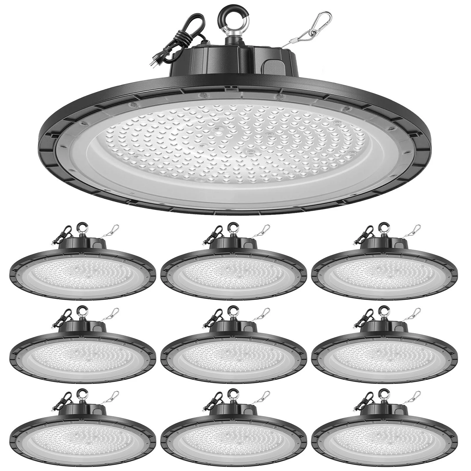 10 Pack LED High Bay Lights, 5000K 150W 21000LM Super Bright UFO LED Warehouse Shop Lights, IP65 Waterproof, 100-277V Wide Voltage for Warehouse Workshop Factory Gym Garage Barn, Black