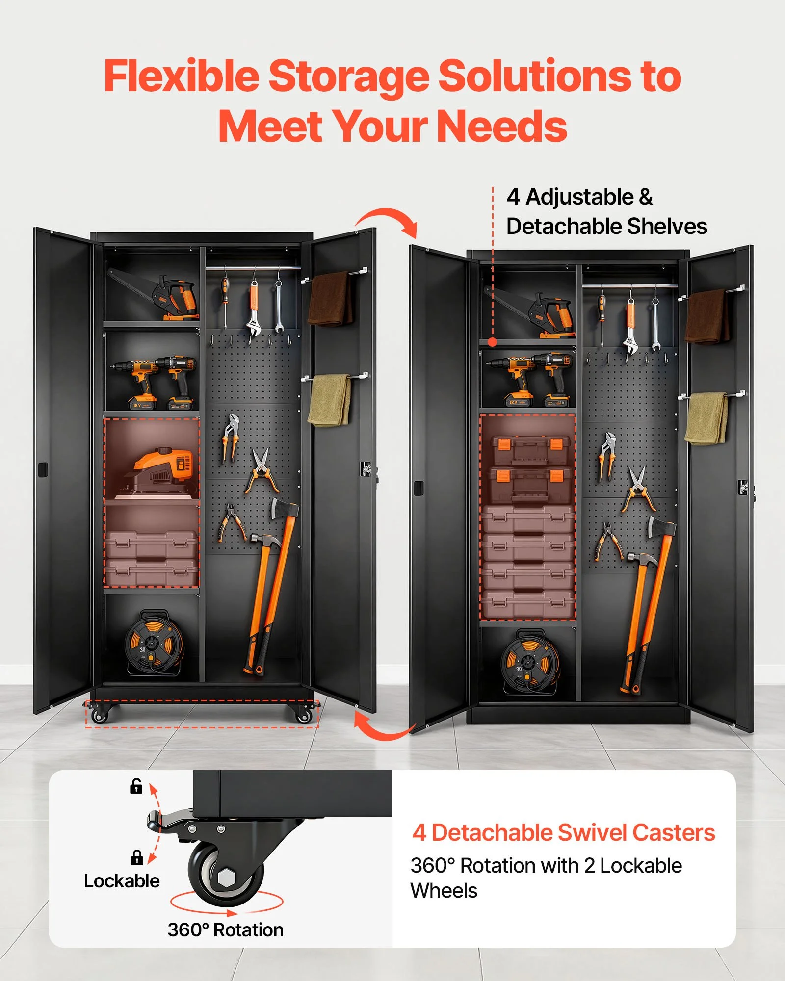 Metal Storage Cabinet, 70.6 in Rolling Steel Garage Cabinet with Adjustable Shelves, 2 Magnetic Doors, Hanging Rod & 3 Rod Hooks, 5 Tiers Lockable Tool Storage for Pantry, Warehouse, Basement - Image 3