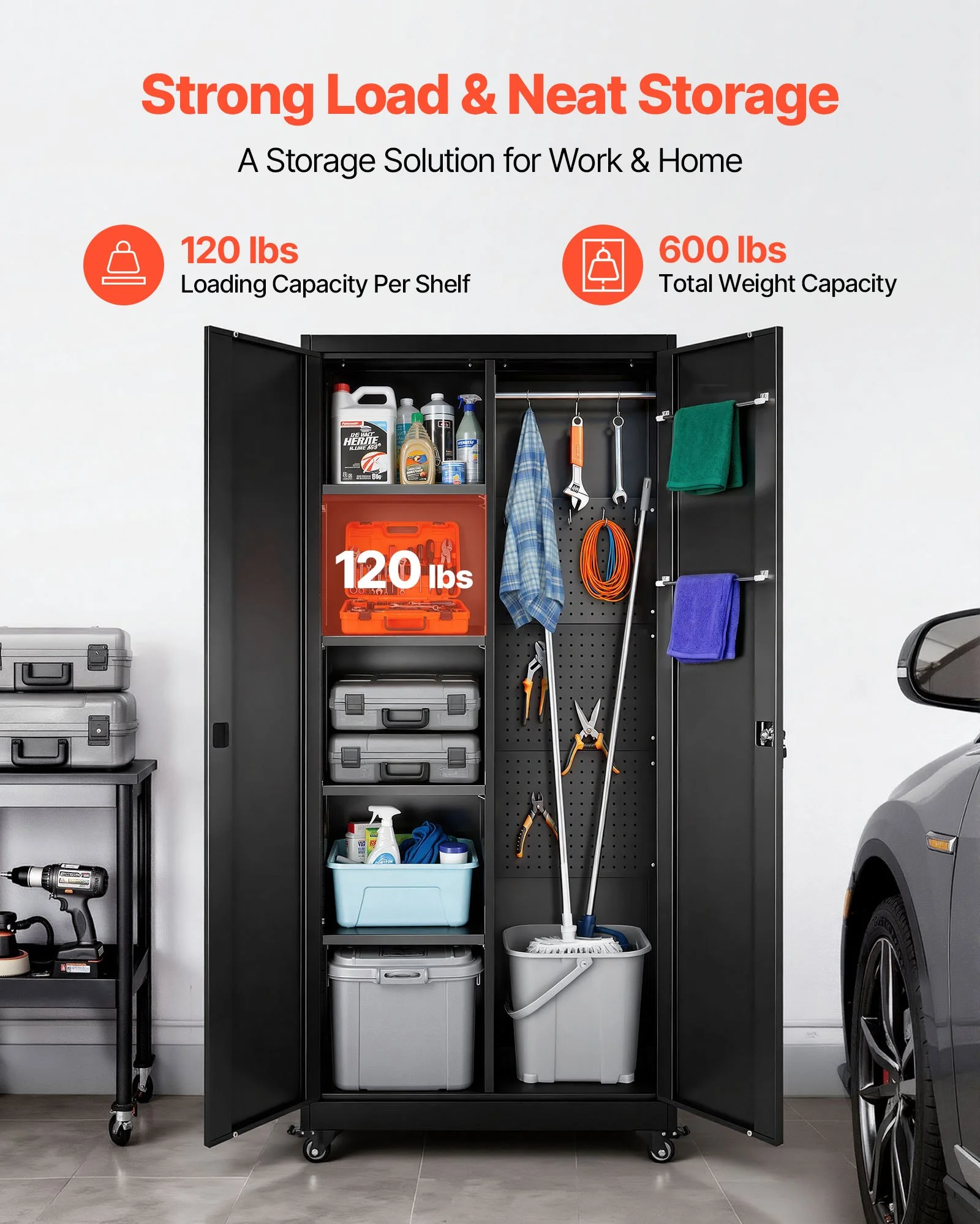 Metal Storage Cabinet, 70.6 in Rolling Steel Garage Cabinet with Adjustable Shelves, 2 Magnetic Doors, Hanging Rod & 3 Rod Hooks, 5 Tiers Lockable Tool Storage for Pantry, Warehouse, Basement - Image 7