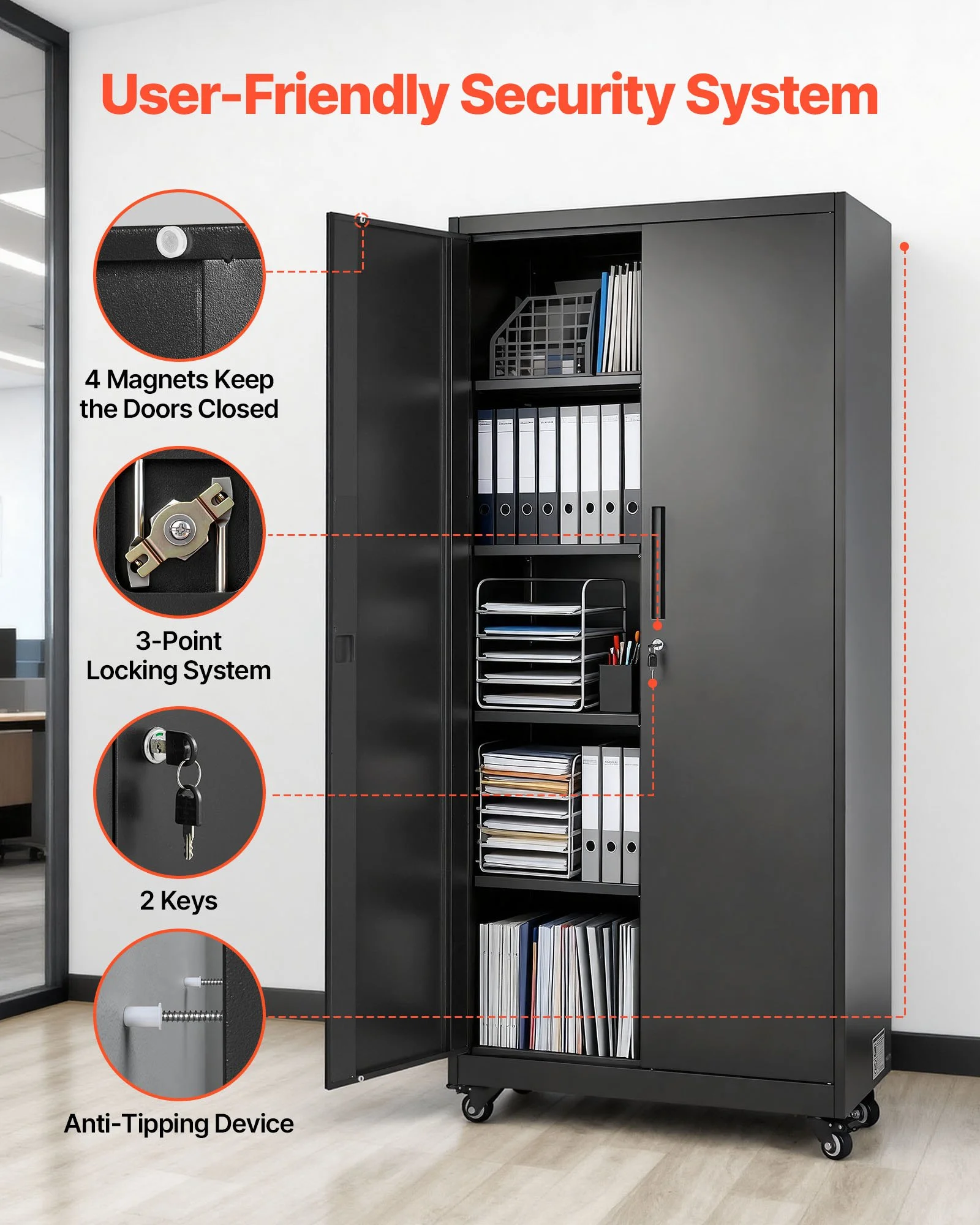 Metal Storage Cabinet, 70.6 in Rolling Steel Garage Cabinet with Adjustable Shelves, 2 Magnetic Doors, Hanging Rod & 3 Rod Hooks, 5 Tiers Lockable Tool Storage for Pantry, Warehouse, Basement - Image 4