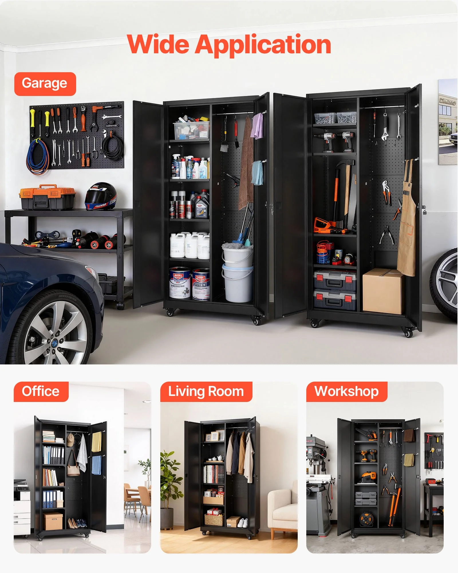 Metal Storage Cabinet, 70.6 in Rolling Steel Garage Cabinet with Adjustable Shelves, 2 Magnetic Doors, Hanging Rod & 3 Rod Hooks, 5 Tiers Lockable Tool Storage for Pantry, Warehouse, Basement - Image 5