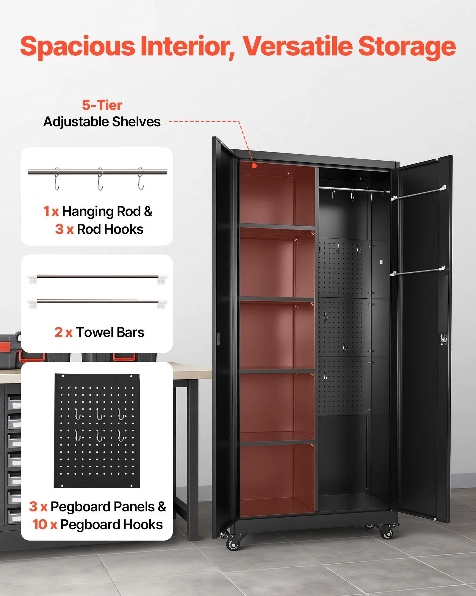 Metal Storage Cabinet, 70.6 in Rolling Steel Garage Cabinet with Adjustable Shelves, 2 Magnetic Doors, Hanging Rod & 3 Rod Hooks, 5 Tiers Lockable Tool Storage for Pantry, Warehouse, Basement - Image 9