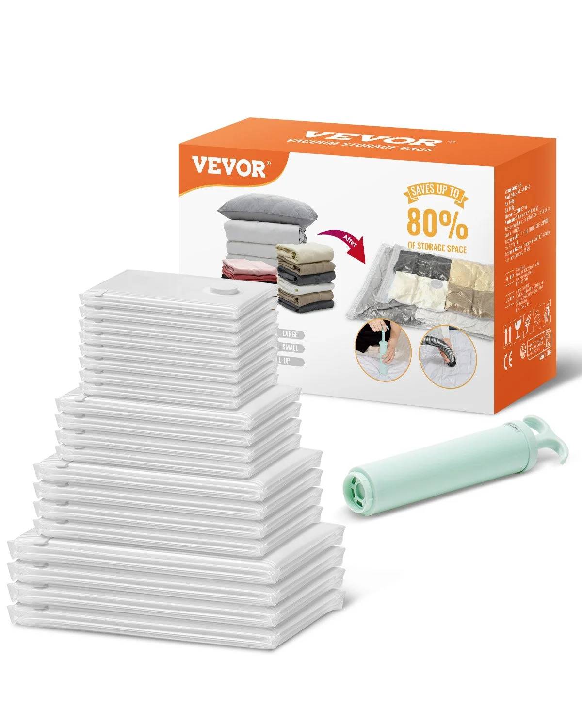 Vacuum Storage Bags, 20 Pack Space Saver Seal Bag(4 Jumbo/4 Large/4 Medium/4 Small/4 Roll), Compression Airtight Zipper Space Bags with Hand Pump, for Cloth, Bedding, Blanket, Pillow, Travel