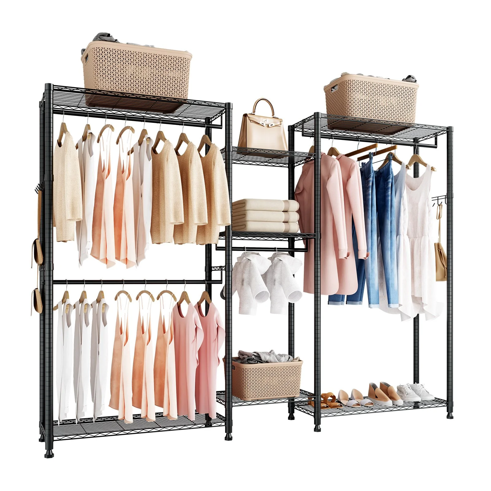 Clothing Garment Rack, Heavy Duty Closet Wardrobe, 7 Adjustable Tiers Clothes Racks with Steel Frame, 850 lbs Load Capacity Clothes Rack with 4 Hanging Rods for Bedroom, Clothing Store, Hallway