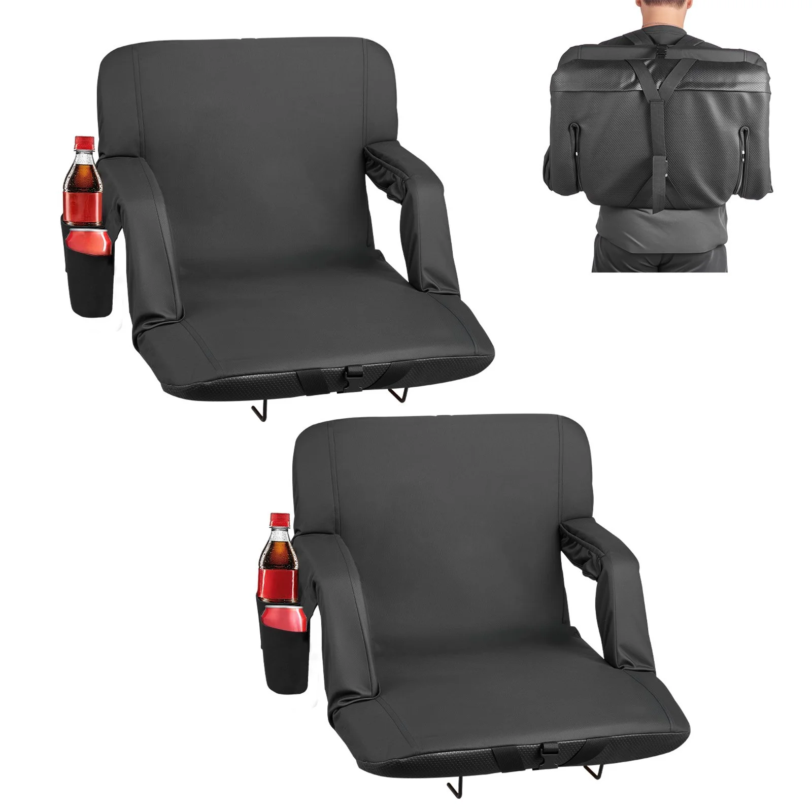 Stadium Seat, 6 Adjustable Angle Bleacher Chair, 2.75'' Cushion Stadium Seat with Back Support and Armrest, Wide Bleacher Chair with Hook Pocket Cupholder for Picnics, Beach Sports, and Gaming