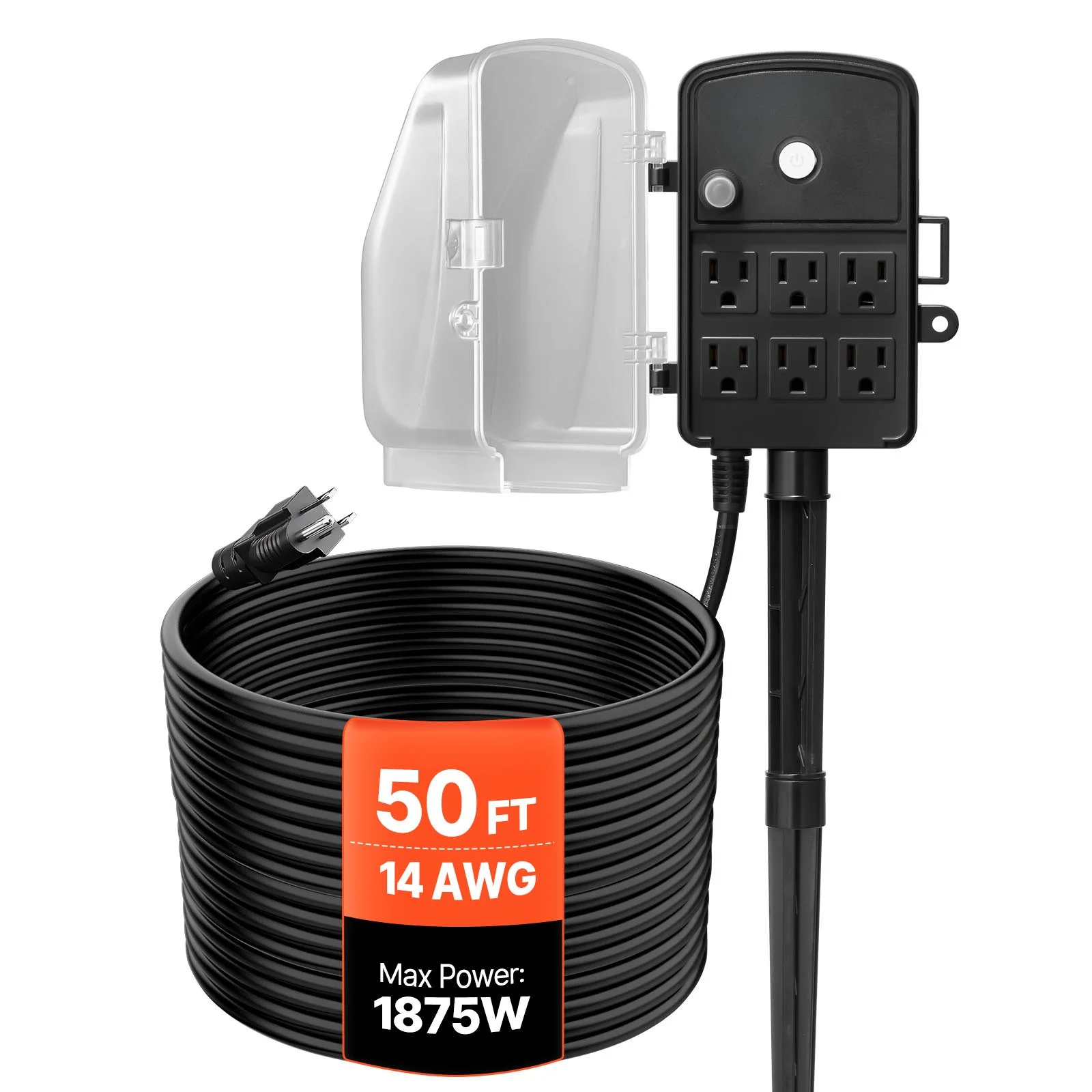 Outdoor Power Stake, 50 FT Extension Cord, Outdoor Power Strip Weatherproof with Cover and Overload Protection, 6 Outlets, 15A/1875W, Waterproof Multi-Outlet Yard Stake for Christmas Lights