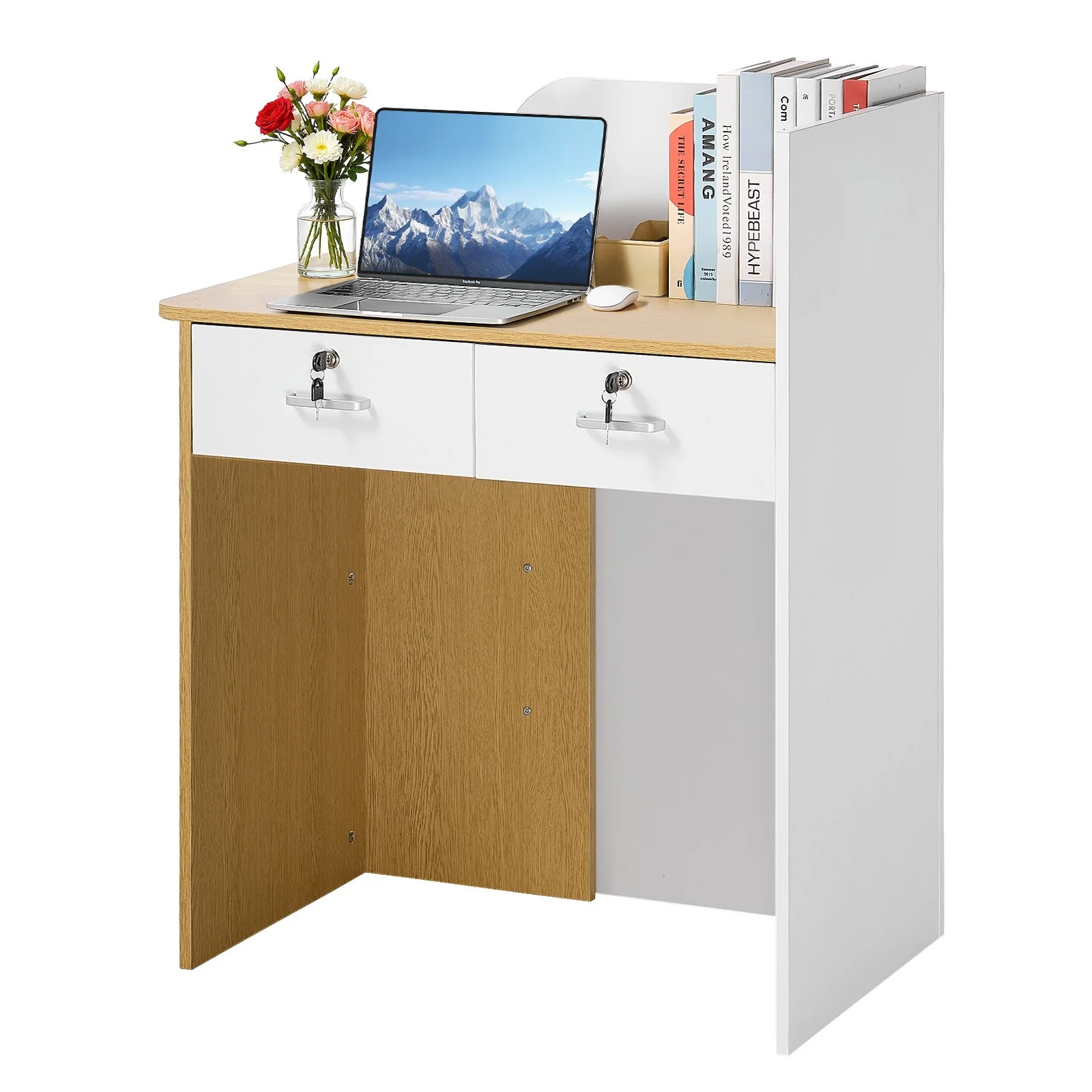 Reception Desk, 31.5 inch Rectangular Front Counter Table, Modern Office Reception Desk with LED Light, 2 Drawers & Power Outlets, Retail Counter Table for Checkout, Lobby, Beauty Salon, Office