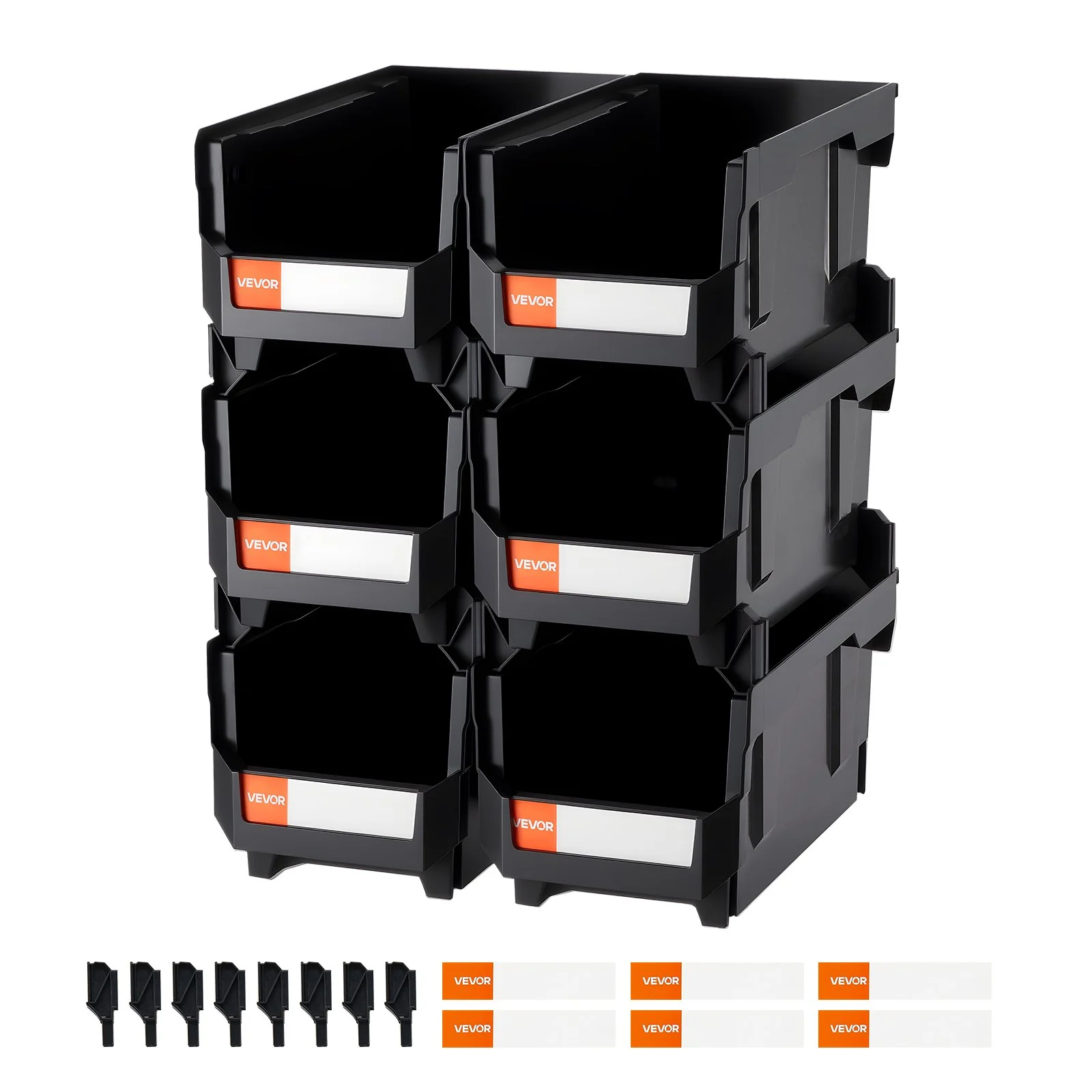 Plastic Stackable Storage Bins, 14.8 x 8.5 x 7.1 inch (6 Pack), Plastic Containers for Organizing and Storage Bins for Closet, Garage, Small Parts, Office Supplies and Other Accessories, Black