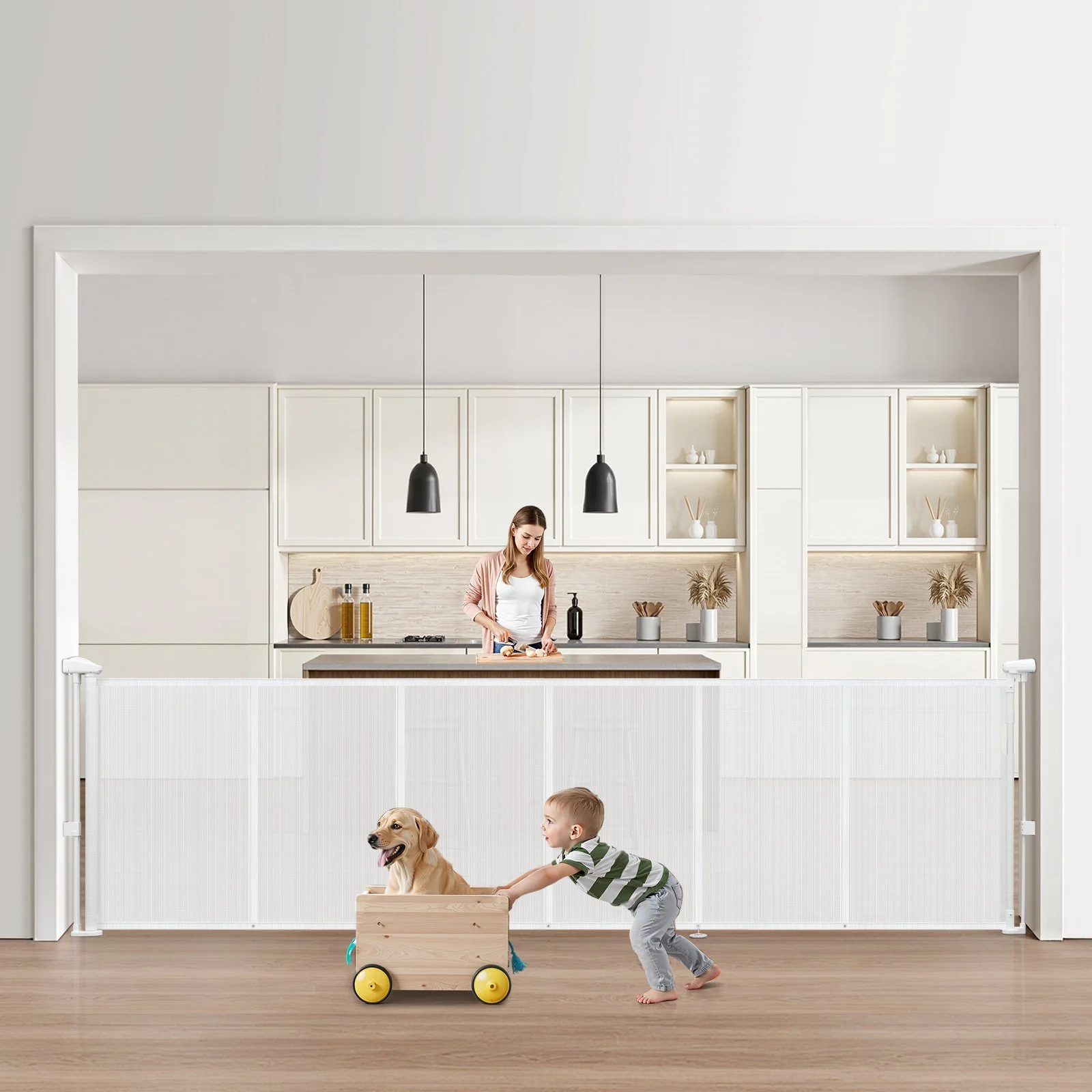 Retractable Baby Gate, 34 inch Tall, Extends up to 110 inch Wide, Retractable Gate for Kids or Pets, Mesh Material, Easy to Install for Indoor Stairs, Doorways, Hallways, Playrooms, White