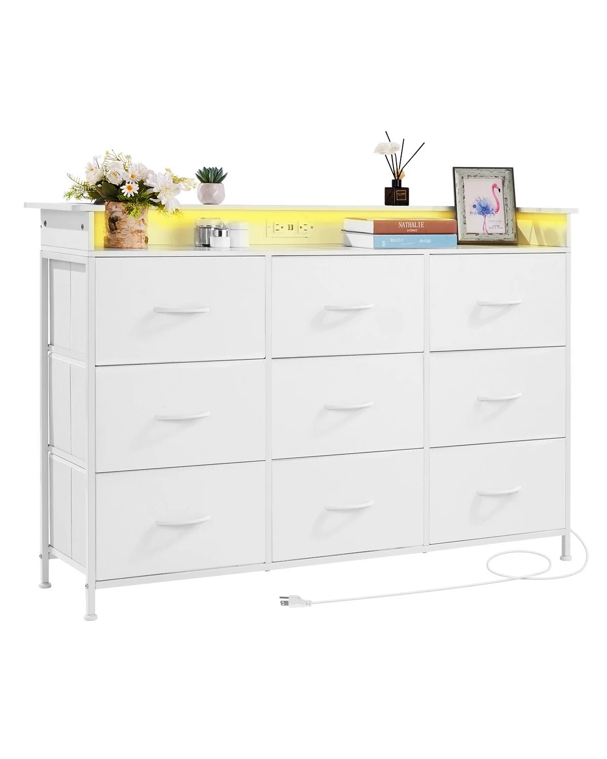 9 Drawer Dresser, Fabric Drawer Dresser with Fabric Bin, Storage Drawers with Sturdy Metal Frame, LED Lights & Built-in Outlet, Fabric Storage Tower for Bedroom, Hallway, White